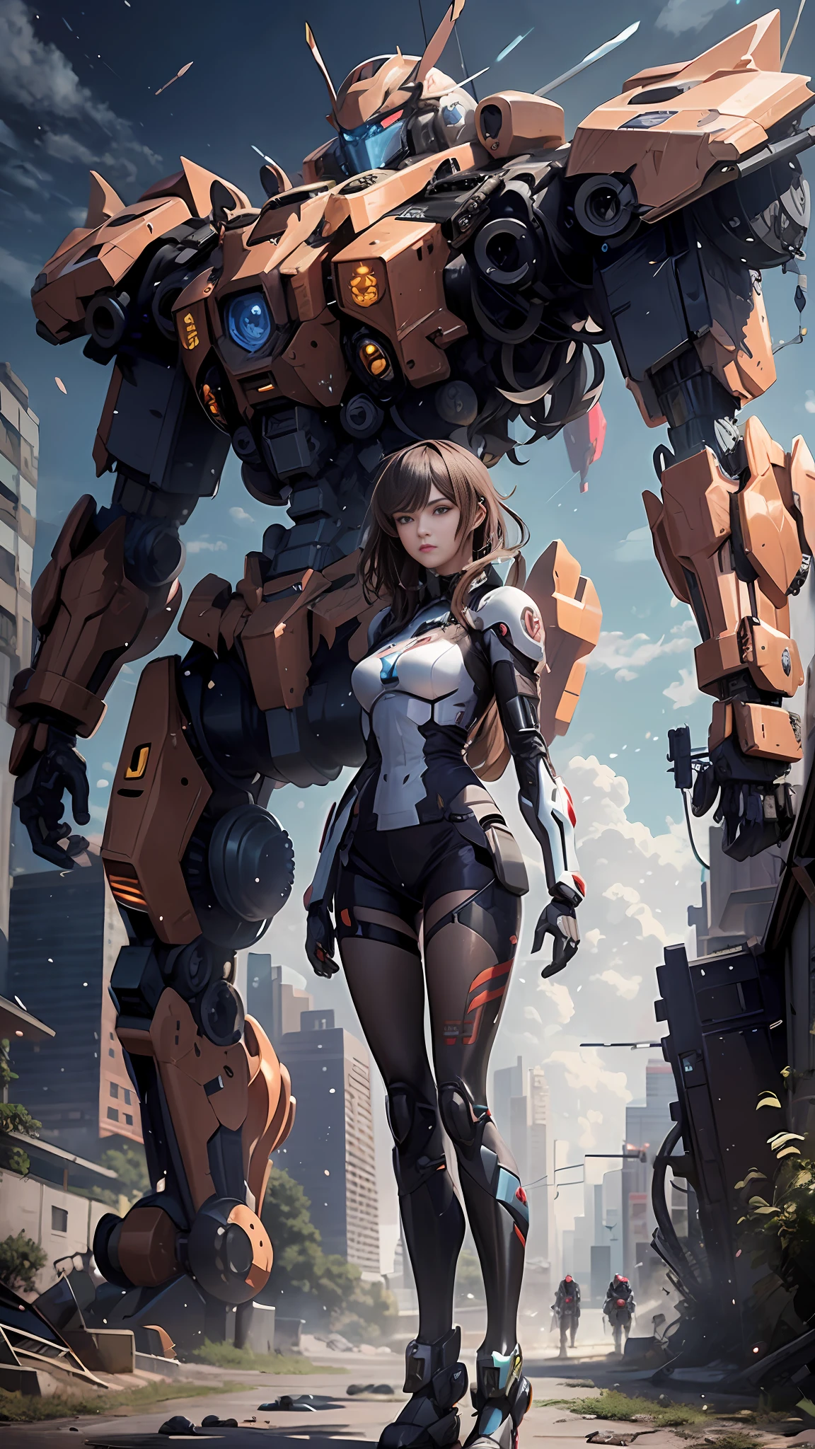 a close up of a woman standing in front of a giant robot, female mecha, cyberpunk anime girl mech, wojtek fus, girl in mecha cyber armor, cgsociety and fenghua zhong, [ trending on cgsociety ]!!, mecha art, mecha asthetic, cool mecha style, mecha human