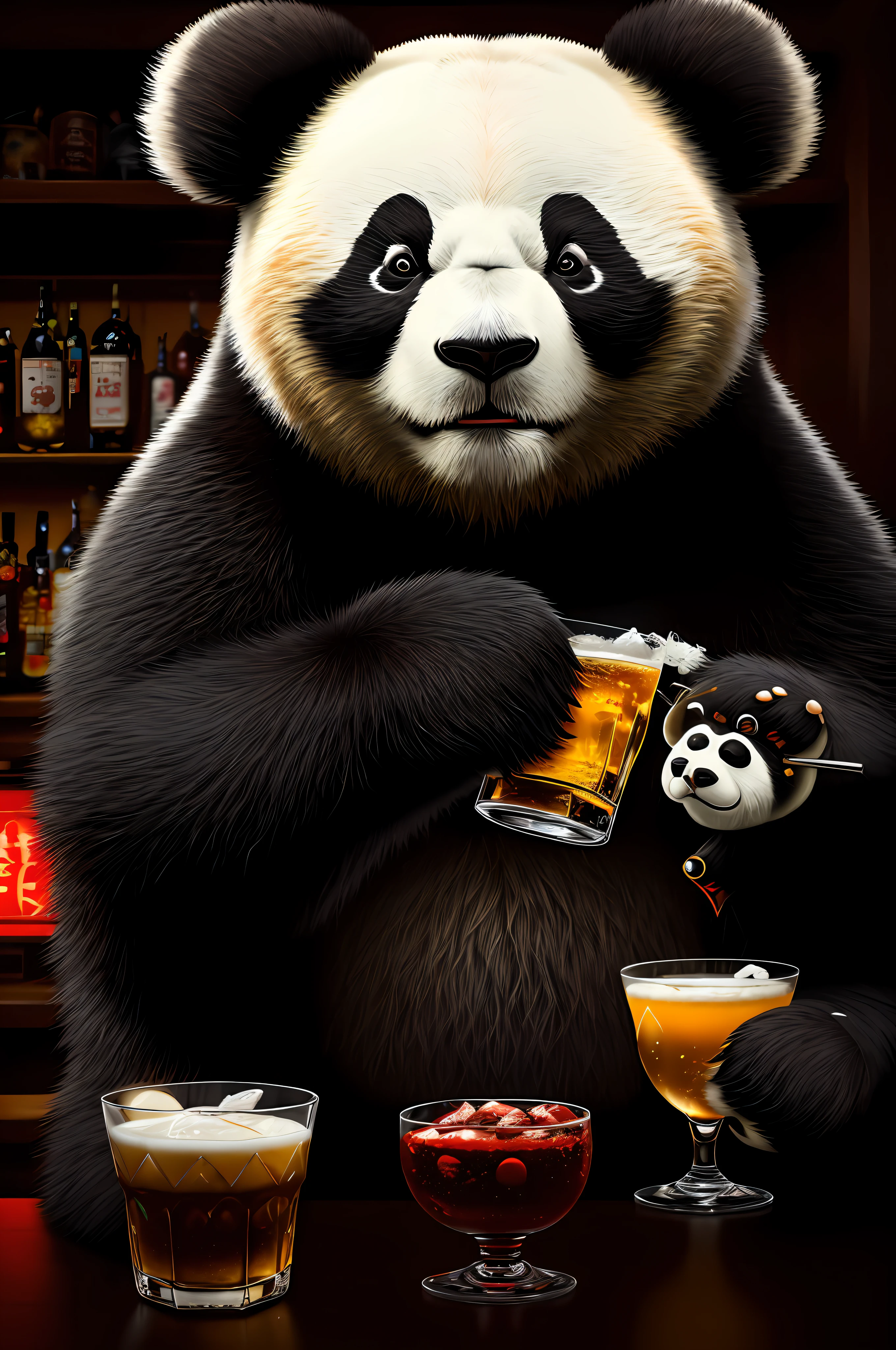 Extremely detailed 8k wallpaper), intricate, detailed, dramatic, (panda bear drinking at a bar), iron fist style, ready to fight, sinister face is painted with only a pair of red eyes peeking below, graphic madness, light reflected on ornaments, dark, showing the whole person at a certain distance from the surroundings to get their own license.