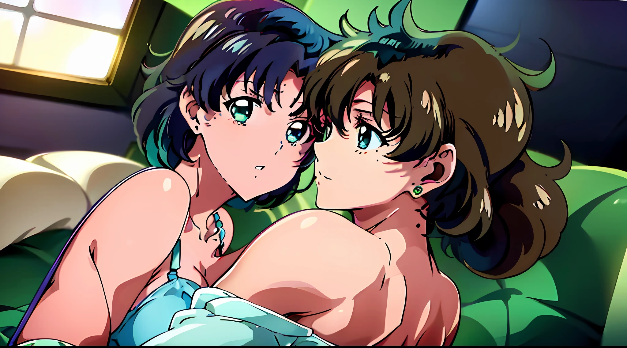 (Illustration),2 Girls multiple_girls,Yuri,14 years old,Blake Masterpiece, Top Quality, Absurdity, Perfect Anatomy,Brown Hair,Green Eyes,(Serious:1.1) Ponytail,(Green Underwear:1.1),Right Side,0.5 BREAK(Masterpiece),(Best Quality),(Super Detail),Navy Hair,Bob Cut,Sharp Focus, Detailed Face, Perfect Anatomy,(Complex Details), ( Depth of Field), Blue Eyes, (Unconscious: 1.1) (Blue Underwear: 1.1), Left, 0.5, Makoto Kino hugging Ami Mizuno
