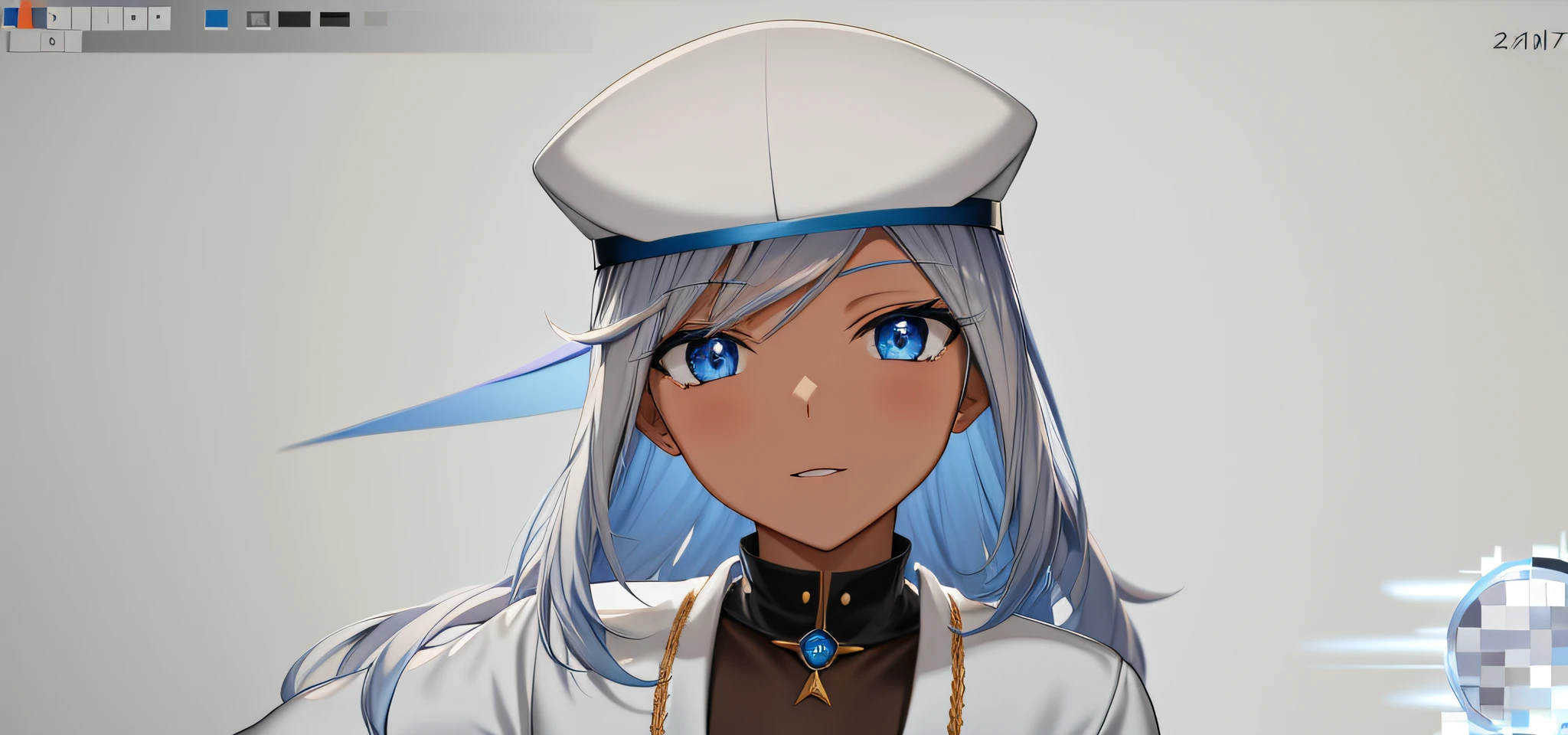 Anime character with blue eyes and white hat, masterpiece, top quality, high resolution, dark skin, silver hair