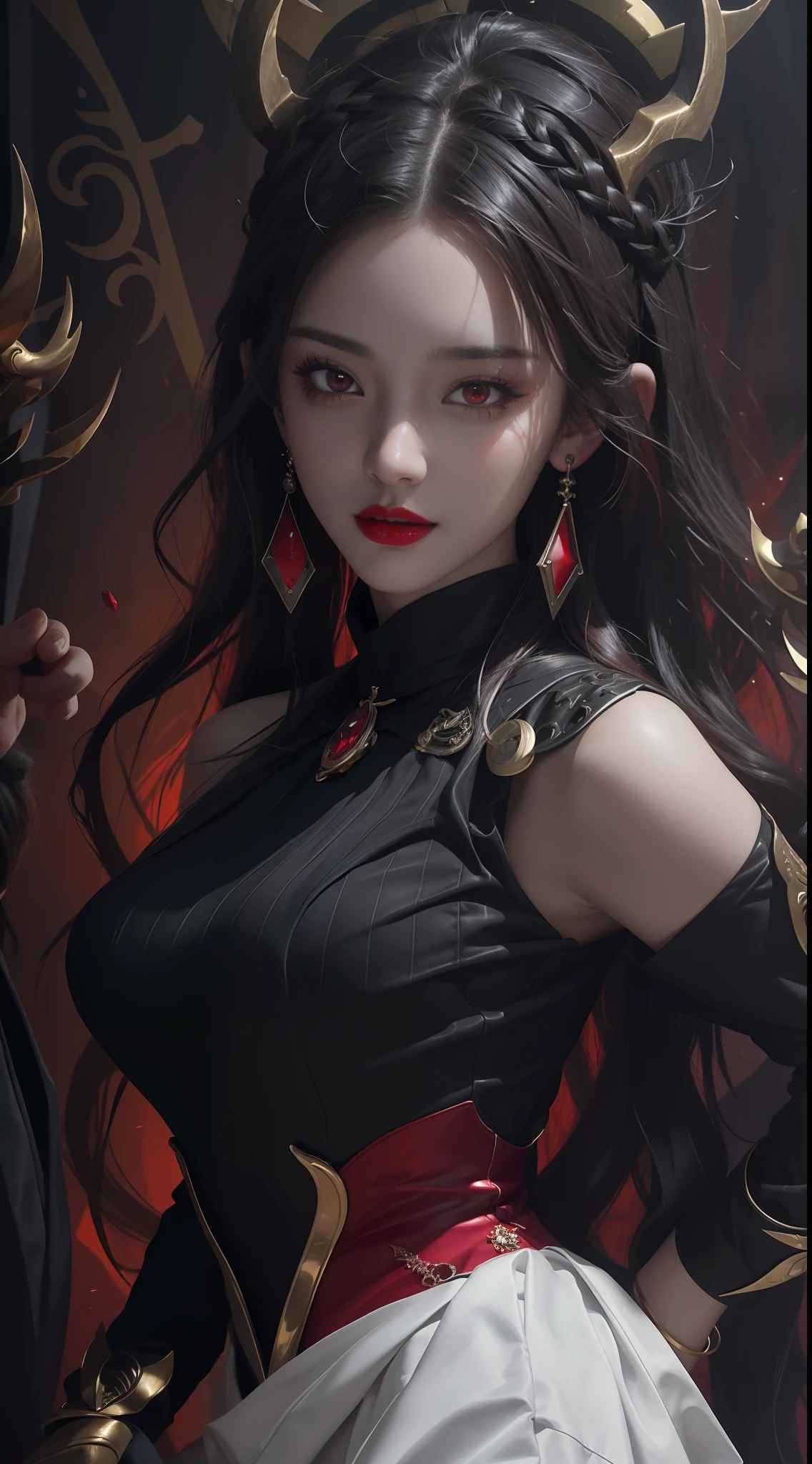 1 beautiful and seductive female devil, In the Dark: 1.6), surreal female portrait by David Hockney and Alphonse Mucha, fantasy art, korea doll, photorealism, dynamic lighting, artstation, poster, volumetric lighting, very detailed faces, 8k ultra, all body, Awarded, in the dark, deep shadow, low key, cowboy lens, (Red phoenix dress: 1.4), long hair, black hair, bust, luxurious palace, Royal style, devil crown, red eyes make up very sharp and detailed, The most beautiful face, big and regular breasts, Super realistic, chinese women's clothing, polo neck sweater, Charming smile, The eyes are very well made up, guweiz, devil style, loong, forehead mark, upper body, 2 bangs braided hair, Red lips, Devil tattoo on shoulder,