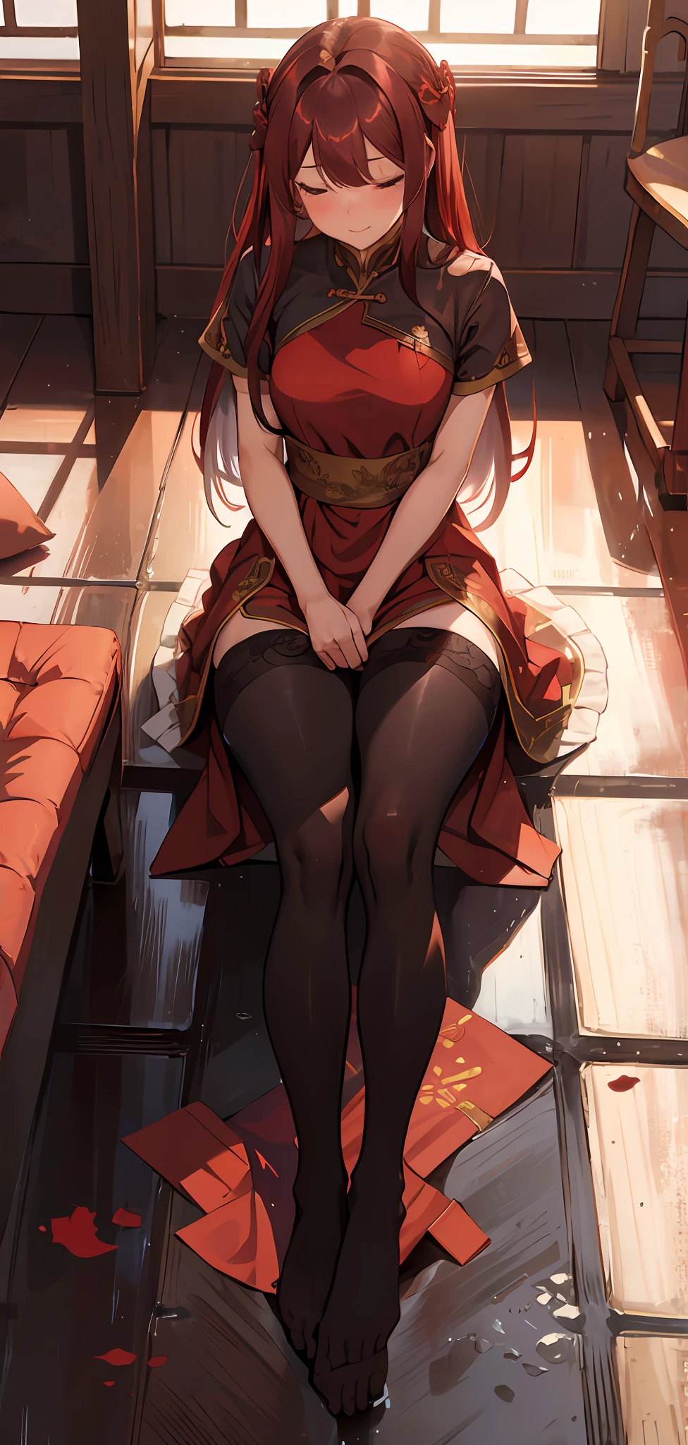 Peeing herself, red dress, Chinese hair styles, long hair, wetting herself, self arousal, separated legs, tighs together, covering with dress, bashful face, feeling humiliation, aroused, sitting on floor, peeing on floor, peeing, satisfied face, relieved face, pee, Pantyhose, stockings
