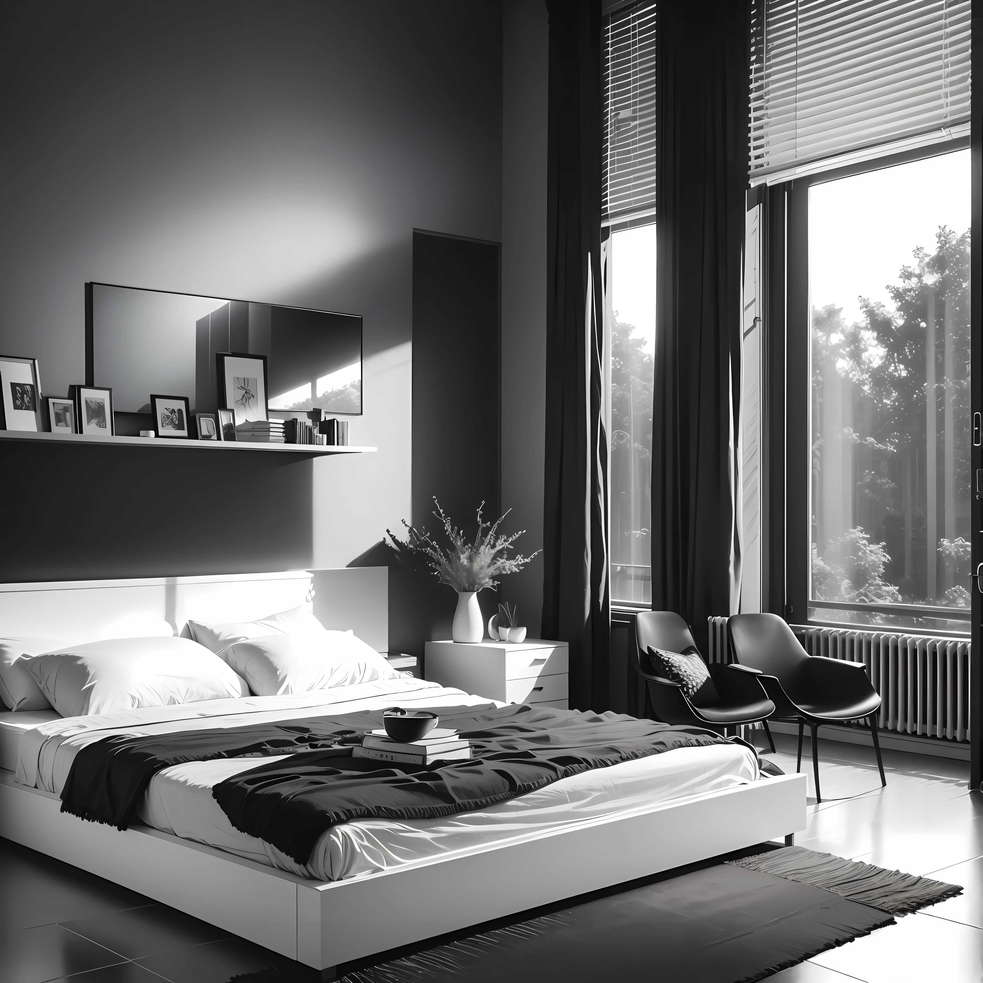 Dark room, large windows, minimalist --auto --s2