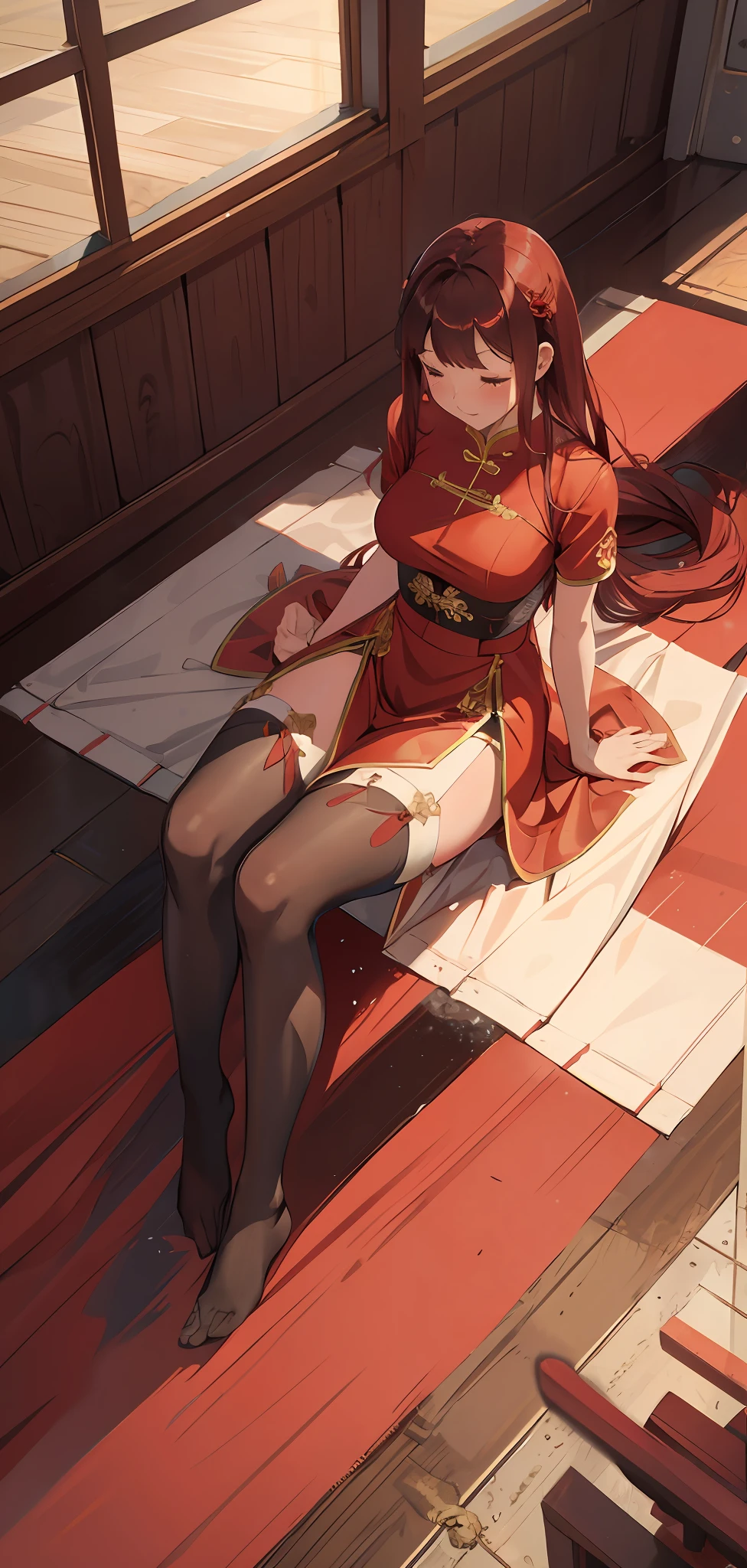 Peeing herself, red dress, Chinese hair styles, long hair, wetting herself, self arousal, separated legs, tighs together, covering with dress, bashful face, feeling humiliation, aroused, sitting on floor, peeing on floor, peeing, satisfied face, relieved face, pee, Pantyhose, stockings