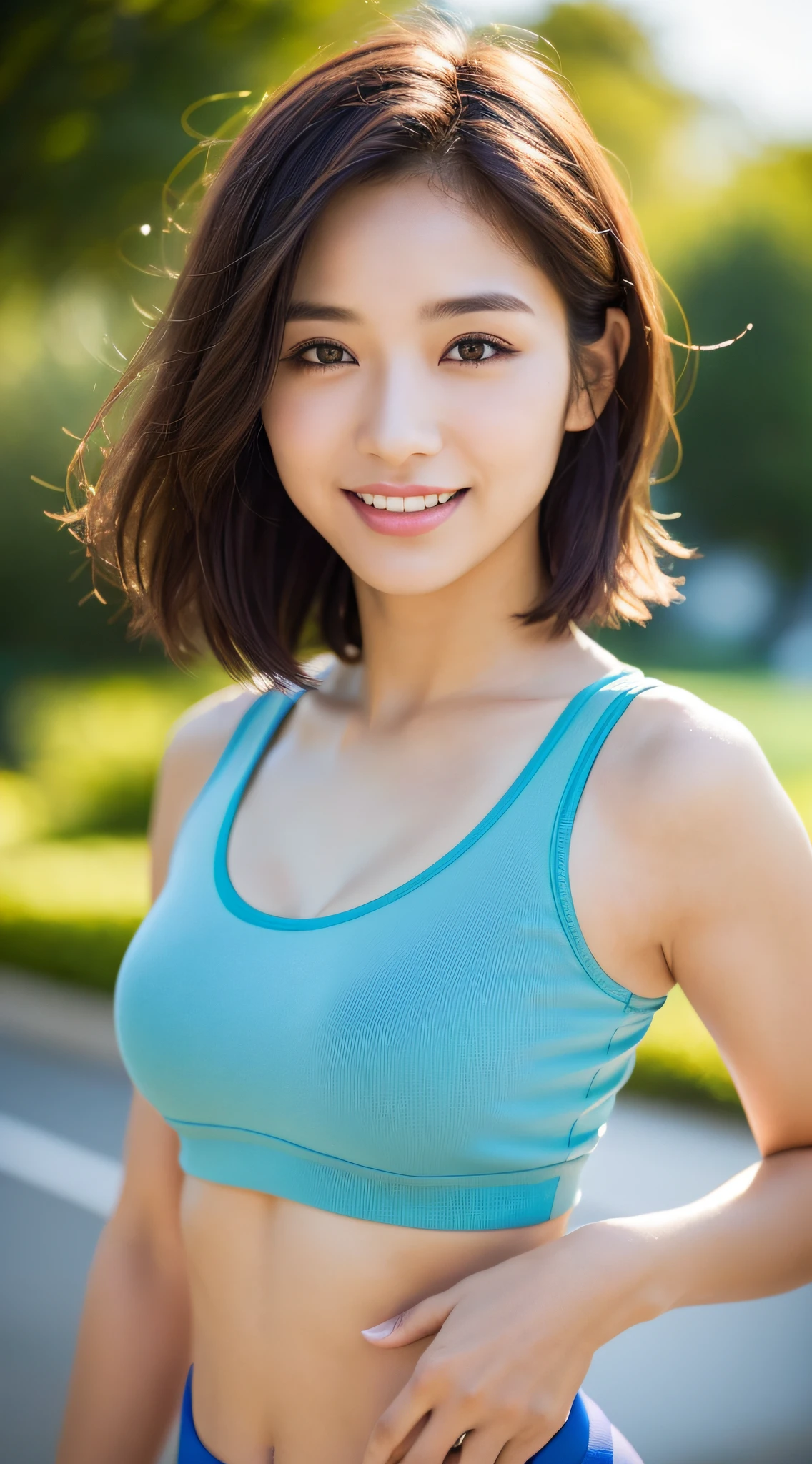 ((Top Quality, 8k, Masterpiece: 1.3)), Sharp Focus: 1.2, Perfect Body Shape Pretty Women: 1.4, Slender Abs: 1.2, (Layered Haircut, Big: 1.8), (Sports Bra: 2.0), (Jogging: 1.8), Running, (Street: 1.2), Highly Detailed Face and Skin Texture, Sweat, Detailed Eyes, Double Eyelids, Smile, Bokeh,