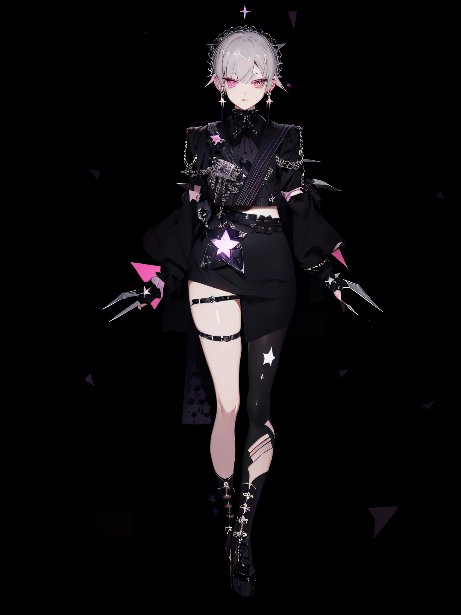 H bronya, 2girl, solo, accessories, black hair, bangs, pink eyes, grim expression, silver star-shaped earrings, irregular cut, black paneled skirt, embellished black crystal, silver shimmering star chips, skirt tail mopping, gothic, silver lace-up heels, gothic style