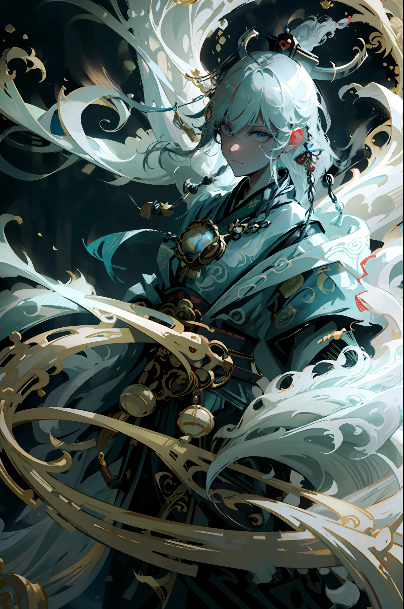 Emperor, Emperor of China, king's crown with tassels, long sleeves, portrait, solo, Chinese dragon pattern, youngster, Chinese style clothes, Magnificent palace, Hanfu, Hanfu in black and gold color, high contrast, The figure is in the shadows, Wide-Angle, high quality, anatomically correct