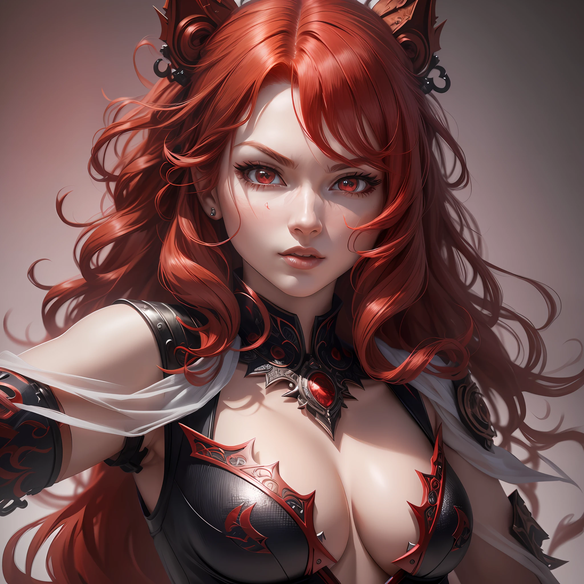 woman, solo, red hair, red eyes, (dynamic pose:1.5), (intricate details:1.2), 8k wallpaper, (highest image quality:1.5), (8k:1.4), (Masterpiece), (ultra-detailed), (Detailed eyes:1.4), (sharp details:1.3), large curly hair