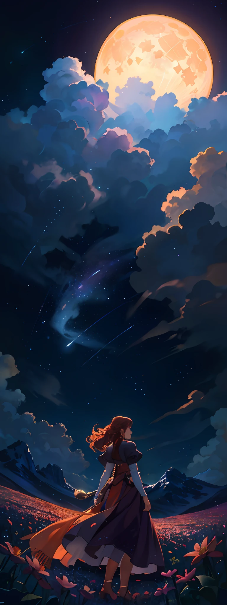 expansive landscape photography, (a view from below that shows the sky above and the open field below), a girl standing in a field of flowers looking up, (full moon: 1.2), (nebula: 1.3), distant mountain, tree BREAK production art, (hot light source: 1.2), (Firefly: 1.2), lamp, very purple and orange, complex details, volumetric lighting, realism BREAK (masterpiece: 1.2), (best quality), 4k, ultra-detailed, (dynamic composition: 1.4), highly detailed, colorful details, (iridescent colors: 1.2), (bright lighting, atmospheric lighting), dreamy, magical, (solo: 1.2)