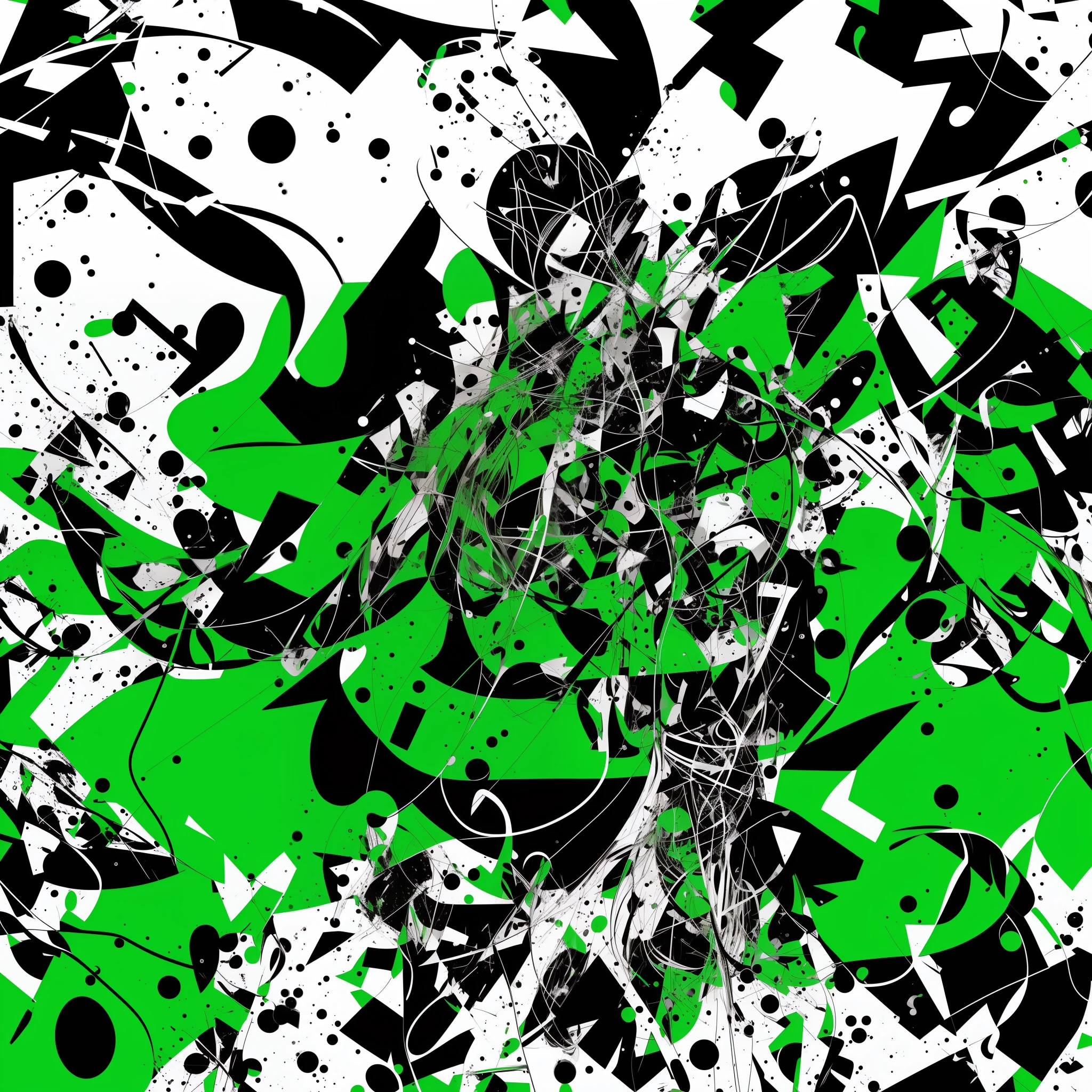 Girl, abstract fashion dress, clothing design, complex and messy lines, personality, fashion magazine cover, black and white, green as the main color tone of clothing. cat ear style.