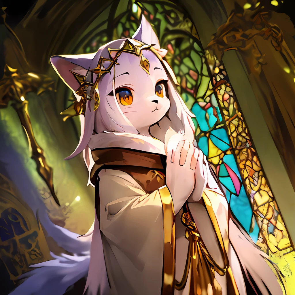 Mona Lisa, pale colors(fantasy sister, robe with gold decoration, offering prayers, church)super fine illustration(colorful stained glass, volumetric lighting backlighting good lighting, colorful refraction)depth of field(highly detailed beautiful face and eyes)perfect anatomy(angelic cute 1boy)(furry beastman)(fur covered body animal facial features animal body features)(animal muzzle highly detailed fur)chibi full body