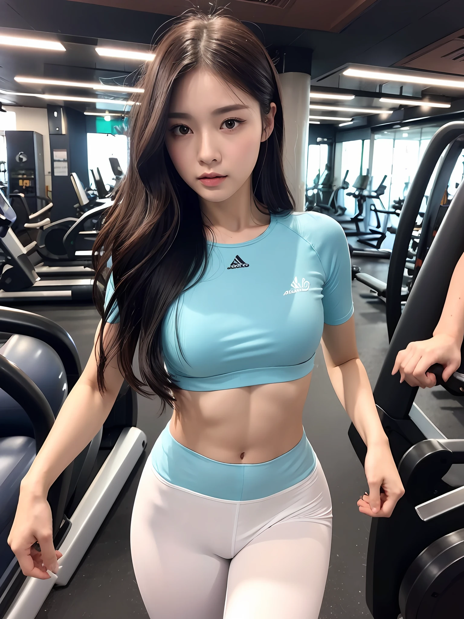 (A GIRL: 1.6), (lora:russianDoll:0.4), (lora:TaiwanDoll:0.4), (best quality, 8k, masterpiece: 1.3), focus 1.2, perfect body beauty: 1.4, highly detailed face and skin texture, fine eyes, double eyelids, whitened skin, long hair split edges, (round face: 1.5)), gym, fitness equipment, treadmill, arm strength machine, (leggings close-up: 1.4), leggings, short sleeves, (beautiful legs: 1.4), (long legs: 1.4), abs