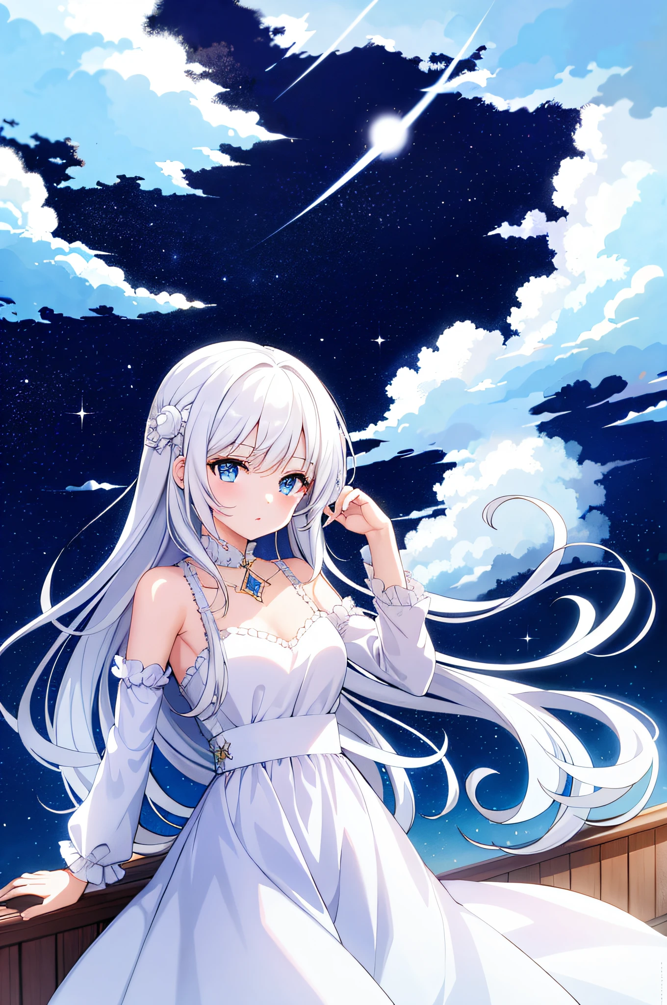 (((Masterpiece))),Superb Image Quality,Super Detail,Ultra High Definition,Anime girl with long white hair and blue eyes dress,Lori in dress,White hair girl,Perfect white hair girl,Beautiful anime girl,Cute girl anime visual, White hair god,Cute anime wife in a nice dress,White hair,Beautiful puffy clouds. Anime, cute anime girl, (anime girl), smooth anime CG art, blue sky looking up