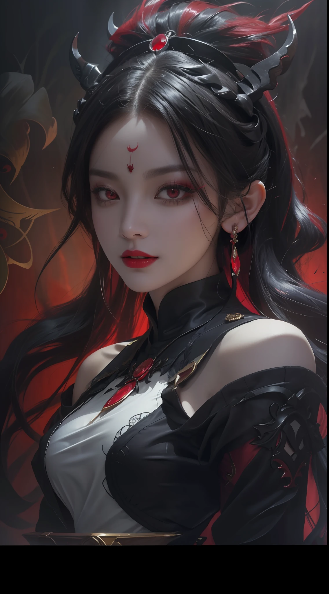 1 beautiful and seductive female devil, In the Dark: 1.6), surreal female portrait by David Hockney and Alphonse Mucha, fantasy art, korea doll, photorealism, dynamic lighting, artstation, poster, volumetric lighting, very detailed faces, 8k ultra, all body, Awarded, in the dark, deep shadow, low key, cowboy lens, (Red phoenix dress: 1.4), long hair, black hair, bust, luxurious palace, Royal style, devil crown, red eyes make up very sharp and detailed, The most beautiful face, big and regular breasts, Super realistic, chinese women's clothing, polo neck sweater, Charming smile, The eyes are very well made up, guweiz, devil style, loong, forehead mark, upper body, 2 bangs braided hair, Red lips, Devil tattoo on shoulder,wearing a thin red and black robe,