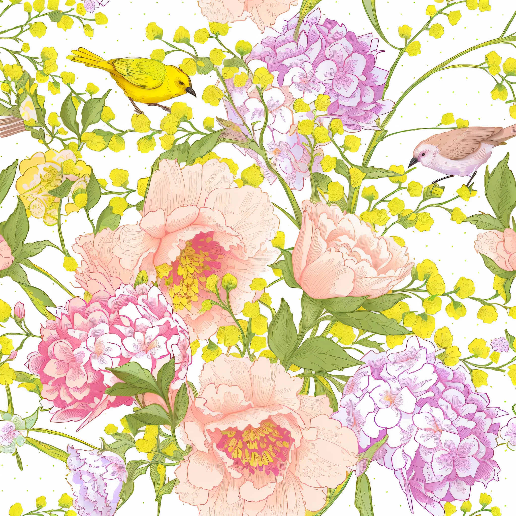 there is a floral pattern with birds and flowers on it, delicate garden on paper, garden flowers pattern, floral renewal, pastel flowery background, seamless pattern design, highly detailed pattern, neon floral pattern, pink yellow flowers, with colorful flowers and plants, dreamy floral background, floral dream, floral pattern, flowery wallpaper, penned with thin colors on white, hand drawn illustration