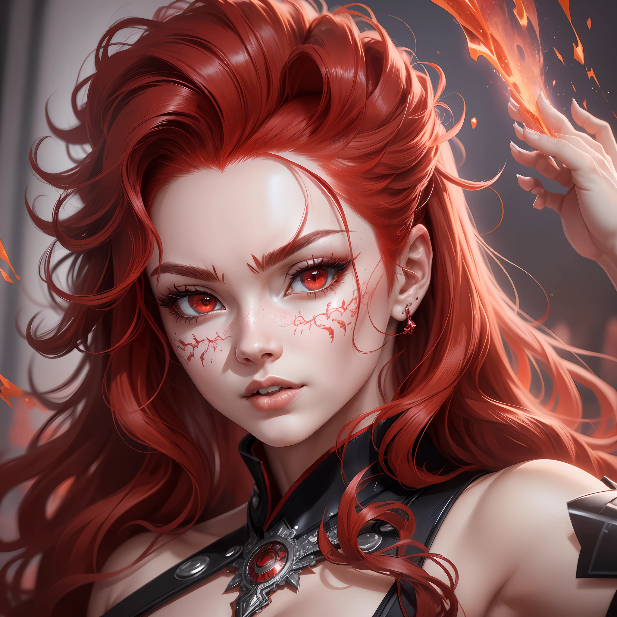 woman, solo, red hair, red eyes, (dynamic pose:1.5), (intricate details:1.2), 8k wallpaper, (highest image quality:1.5), (8k:1.4), (Masterpiece), (ultra-detailed), (Detailed eyes:1.4), (sharp details:1.3), large curly hair
