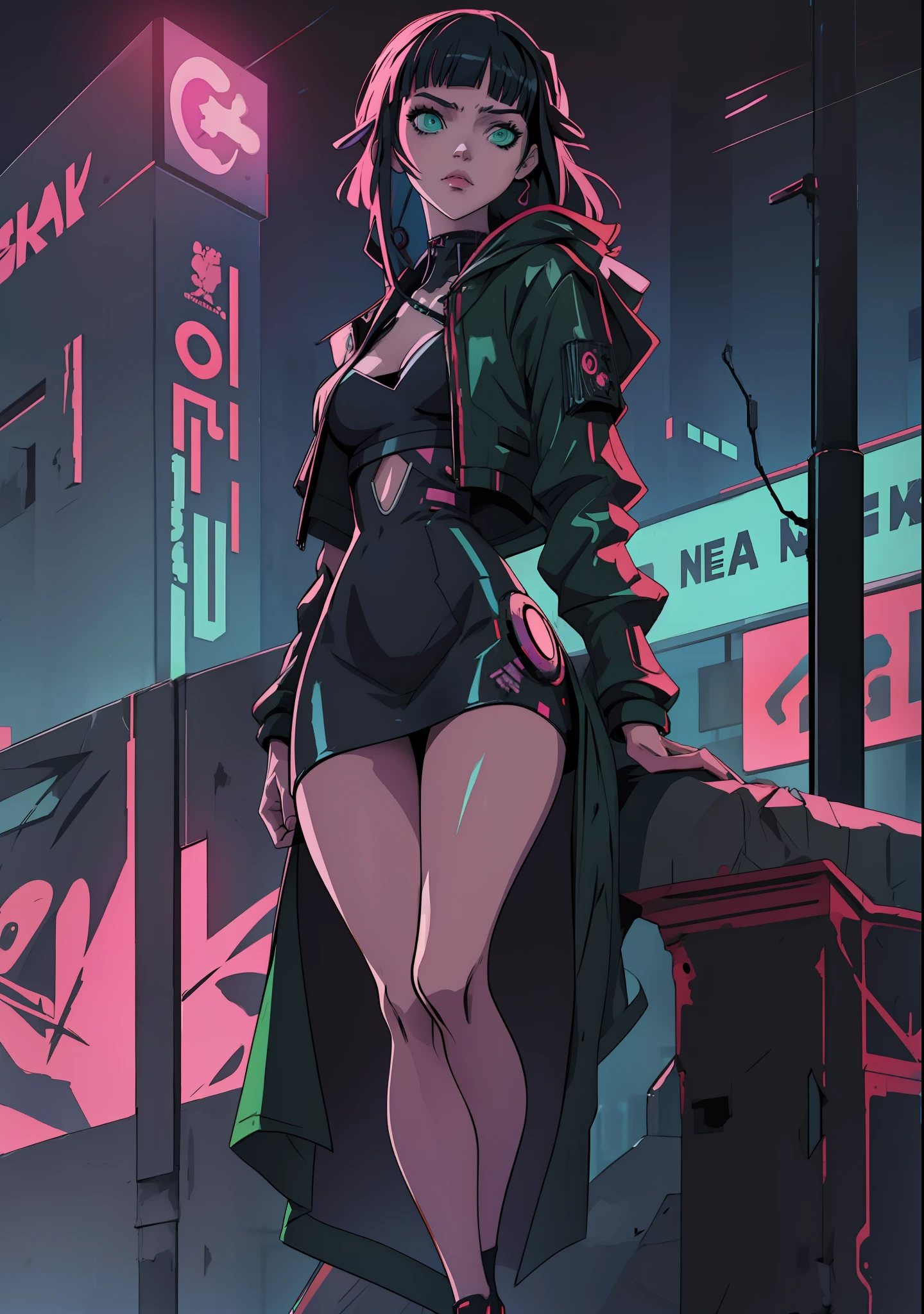 anime girl in short black dress standing on a street corner, cyberpunk art style, digital cyberpunk anime art, anime cyberpunk art, cyberpunk themed art, cyberpunk anime art, cyberpunk anime girl, cyberpunk art style, digital cyberpunk - anime art, female cyberpunk anime girl, cyberpunk anime girl mech, cyberpunk atmosphere, cyberpunk illustration, cyberpunk art, dark cyberpunk illustration, cyberpunk style, green eyes, disheveled hair