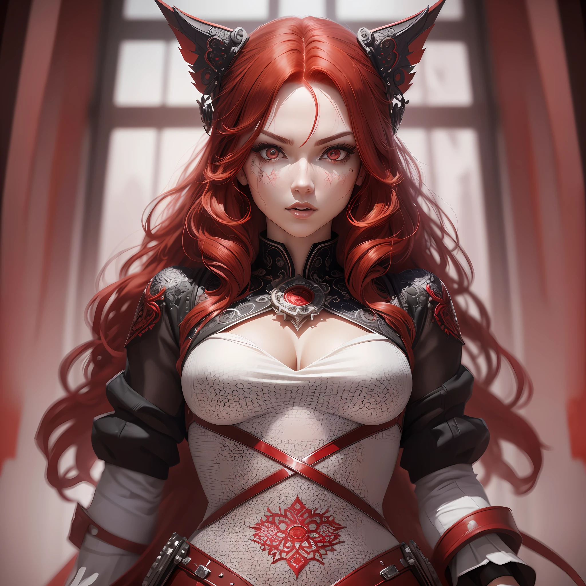 woman, solo, red hair, red eyes, (dynamic pose:1.5), (intricate details:1.2), 8k wallpaper, (highest image quality:1.5), (8k:1.4), (Masterpiece), (ultra-detailed), (Detailed eyes:1.4), (sharp details:1.3), large curly hair