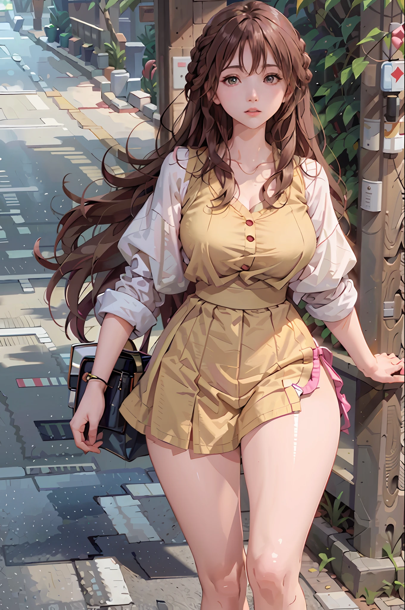 masterpiece, best quality,2girl,young girl, coffee eyes, pink, braided hairstyle,worried _face,shiny skin,large breasts,nice leg line:1.3,thick thighs, thin waist,, White_button-up_shirt, denim_cutoffs, strappy_sandals, crossbody_bag, layered_necklaces, cityscape,looking at viewer,from front,upper body