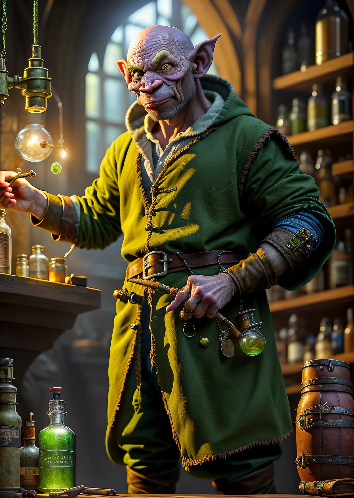 (realistic: 1.3), poster, intricate details, painting \(work of art\), ((masterpiece, best quality)), young male goblin, hyperealistic, alchemist, potions, (bald head: 1.3), medieval laboratory, dark fantasy \(style\), detailed robe, wearing leather, hat,boots,(green-eyed girl)
