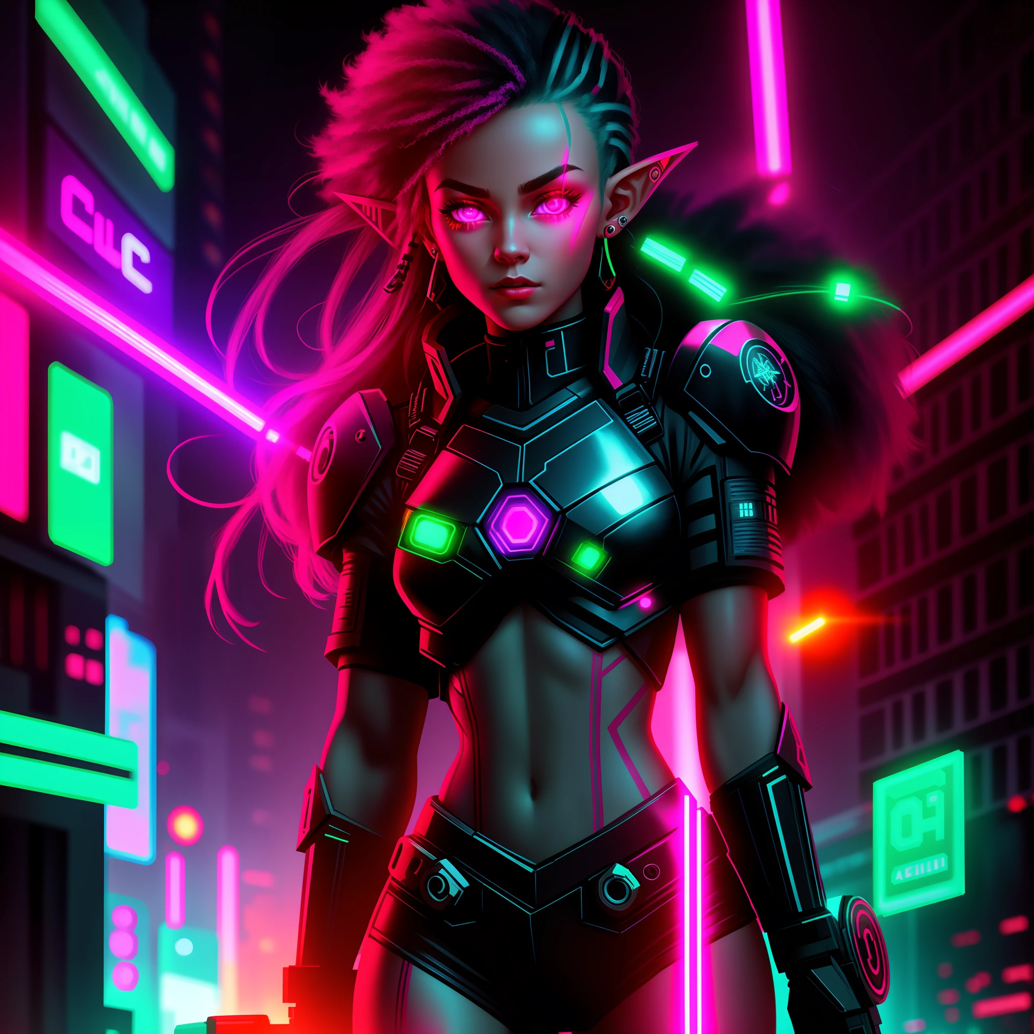 Cyborg elf girl, red laser glow, glowing neon, cyberpunk city background, analogous colors, 8-bit RGB