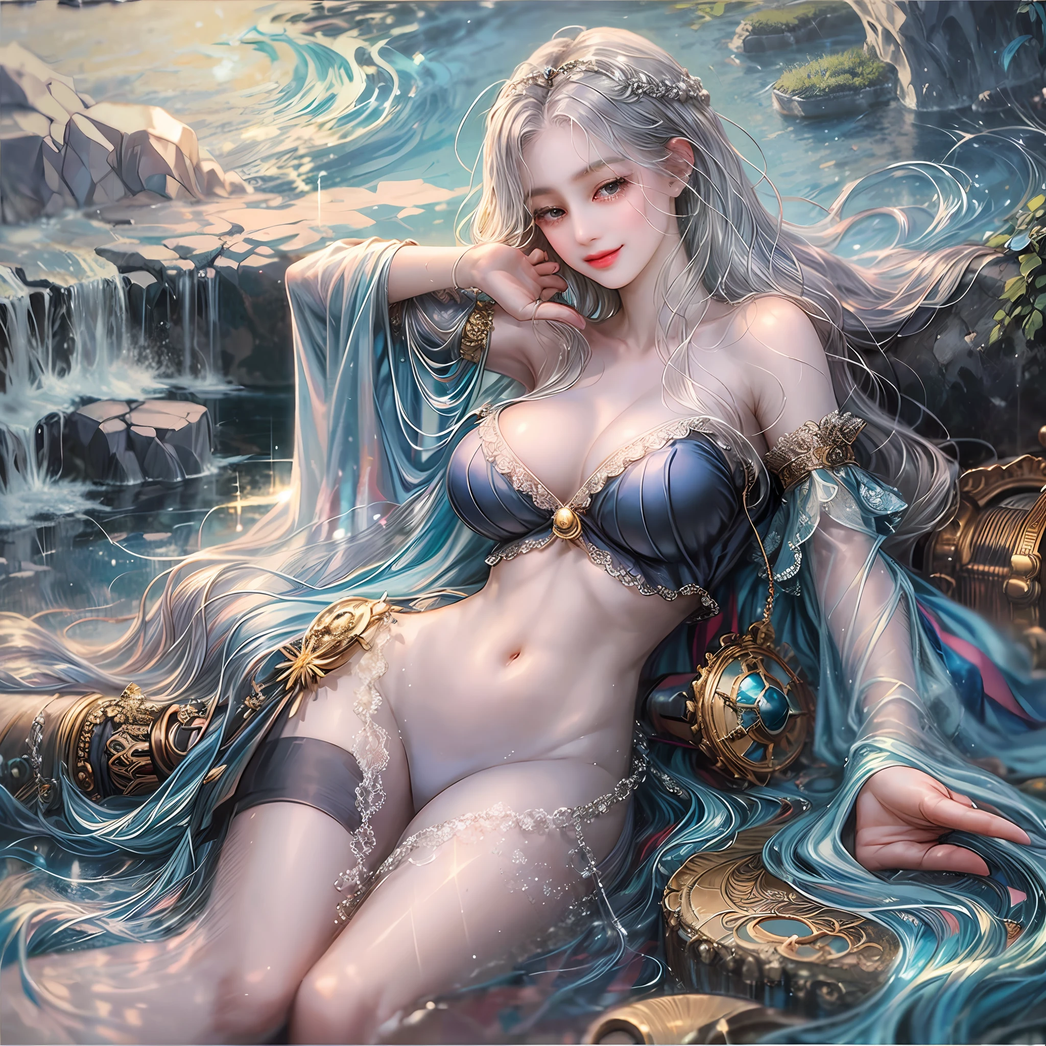 Manga style (Deep Sea Palace, Masterpiece, Best Quality), (1girl, lying down, (big breast: 6.0), gentle smile, shy, cute, stunning, delicate, slender arms, revealing belly and no, bad abdominal muscle, revealing thighs, revealing shoulders, mysterious, long silver hair, black eyes, inner eight), (vivid watercolor, serenity, flowing water, sunny, ethereal light), --auto --s2