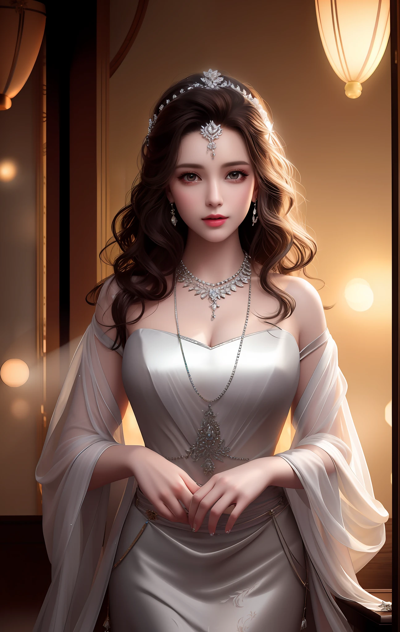 Best Quality, Masterpiece, High Resolution, 1 Female, Mature Woman, Porcelain Dress, Hair Accessories, Necklace, Jewelry, Beautiful Face, Physical, Tyndall Effect, Photorealistic Realism, Dark Studio, Edge Lighting, Two-tone Lighting, (High Detail Skin: 1.2) , 8K UHD, DSLR, Soft Light, High Quality, Volumetric Light, Voyeur, Photo, High Resolution, 4K, 8K, Bokeh, Reading, Study Book, Diamond Necklace, Curly Hair, Beautiful Skirt,
