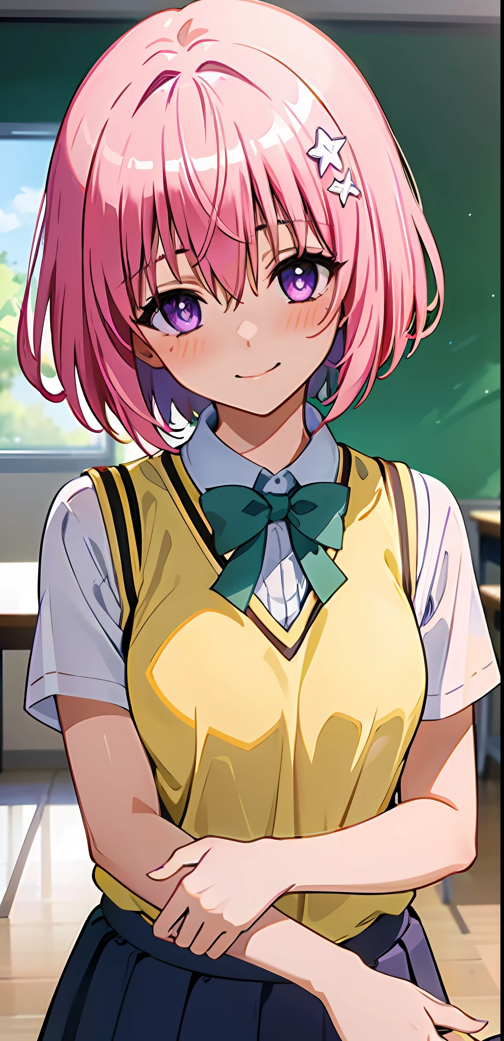 (best quality:1.1), (masterpiece:1.4), (absurdres:1.0), close up,
1girl, momo velia deviluke, hair ornament, bob cut, short hair pink hair, purple eyes, medium breasts, yellow school uniform, looking at viewer, classroom, (blush:1.2), smile,