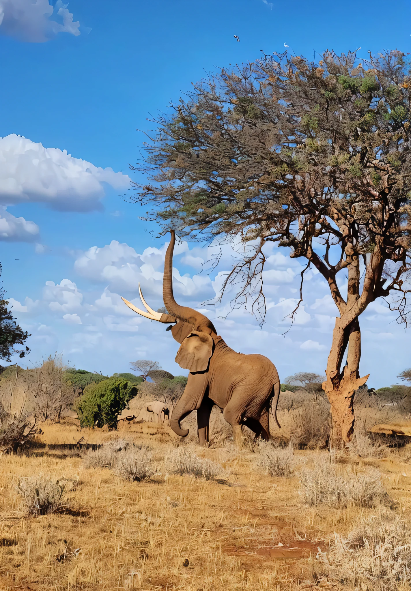 there is a elephant that is standing in the grass near a tree, an elephant in the savannah, a photo of an elephant, samburu, long trunk holding a wand, an elephant doing yoga poses, on the african plains, doing a majestic pose, huge bull emerging from the sand, african elephants in the jungle, by Peter Churcher, in africa