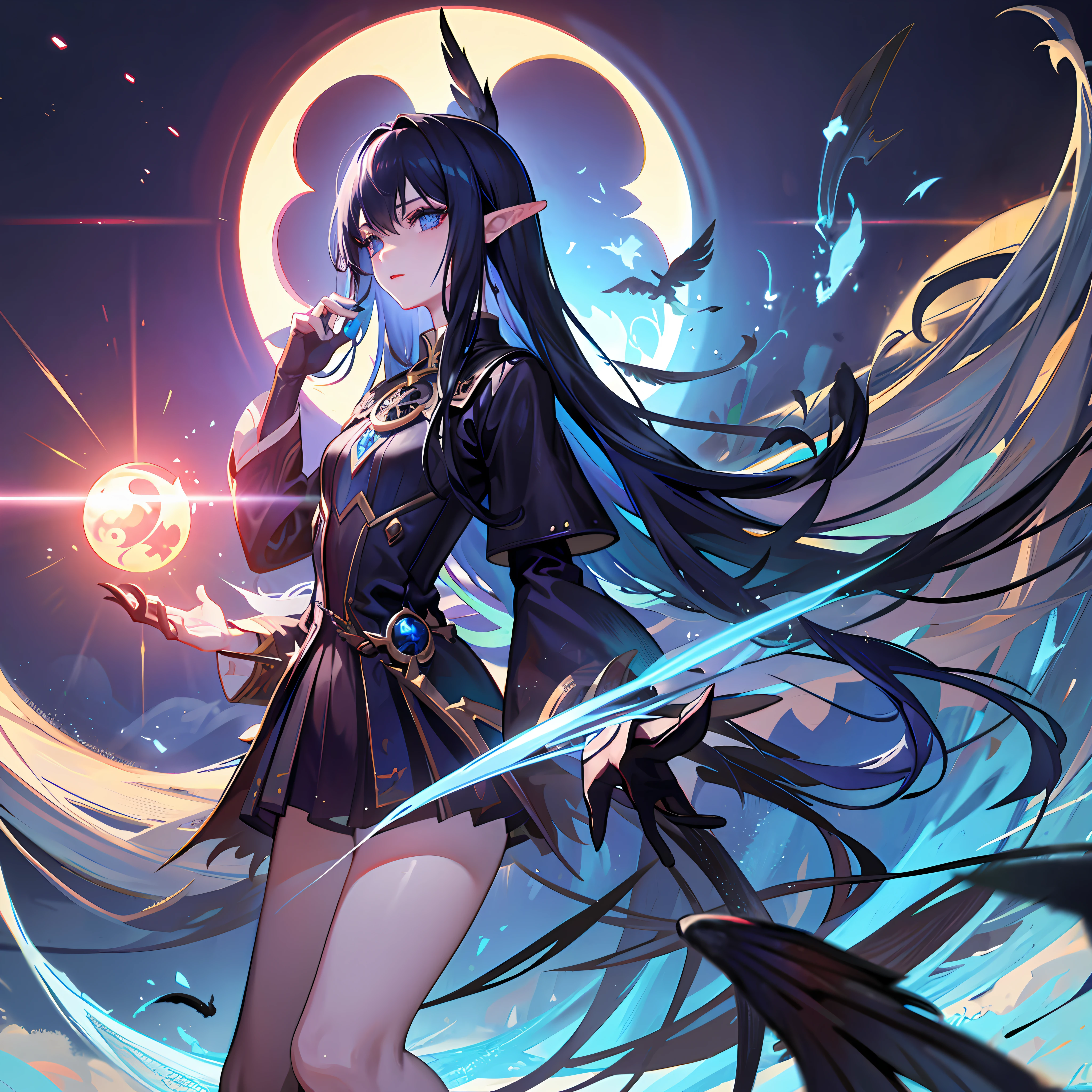 death, blood, night, darkness, (fantasy), infinity, deep blue sky, abyss of knowledge, knowledge, ((masterpiece)),(((extreme))),((beautiful detailed eyes)),(eyelashes) , monster, (1 female), blue hair, long hair, abyssal eyes, shiny skin, oil, small chest, (bird body, feathers), rags, Tzeentch, elf, extremely fine CG unity 8k wallpaper, masterpiece ,((ultra-detailed)),((illustration)), colorful, wallpaper, energy, unknown horror, arcane, magic surrounding, magic surrounding, magic wand, book pages, flying all over the sky, knowing what it is, predicting the future, understanding the past , Infinite Wisdom, Blue Flame, Warlock, Magic Circle, Pentagram, Mantra, Mantra, Singing Magic,
