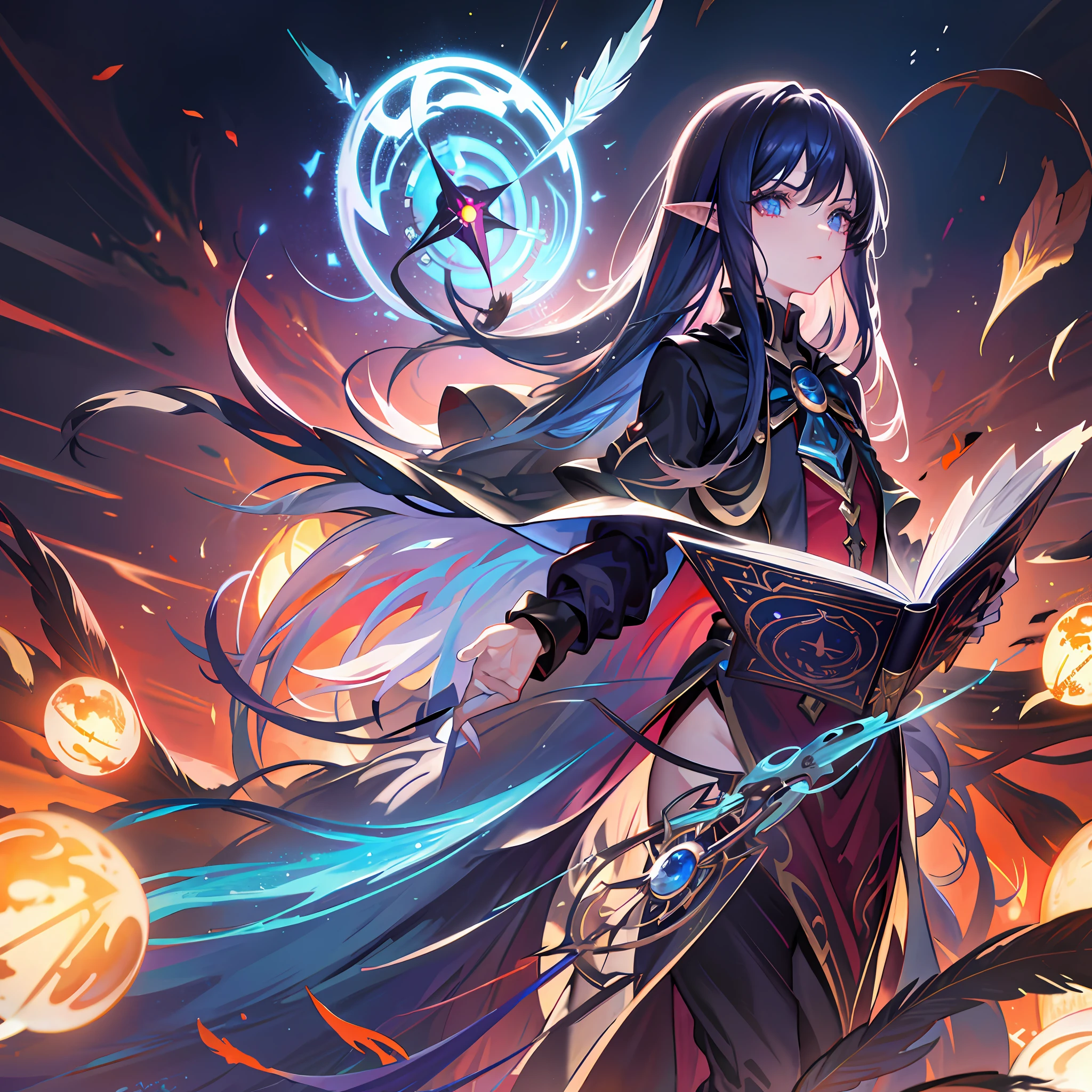 death, blood, night, darkness, (fantasy), infinity, deep blue sky, abyss of knowledge, knowledge, ((masterpiece)),(((extreme))),((beautiful detailed eyes)),(eyelashes) , monster, (1 female), blue hair, long hair, abyssal eyes, shiny skin, oil, small chest, (bird body, feathers), rags, Tzeentch, elf, extremely fine CG unity 8k wallpaper, masterpiece ,((ultra-detailed)),((illustration)), colorful, wallpaper, energy, unknown horror, arcane, magic surrounding, magic surrounding, magic wand, book pages, flying all over the sky, knowing what it is, predicting the future, understanding the past , Infinite Wisdom, Blue Flame, Warlock, Magic Circle, Pentagram, Mantra, Mantra, Singing Magic,
