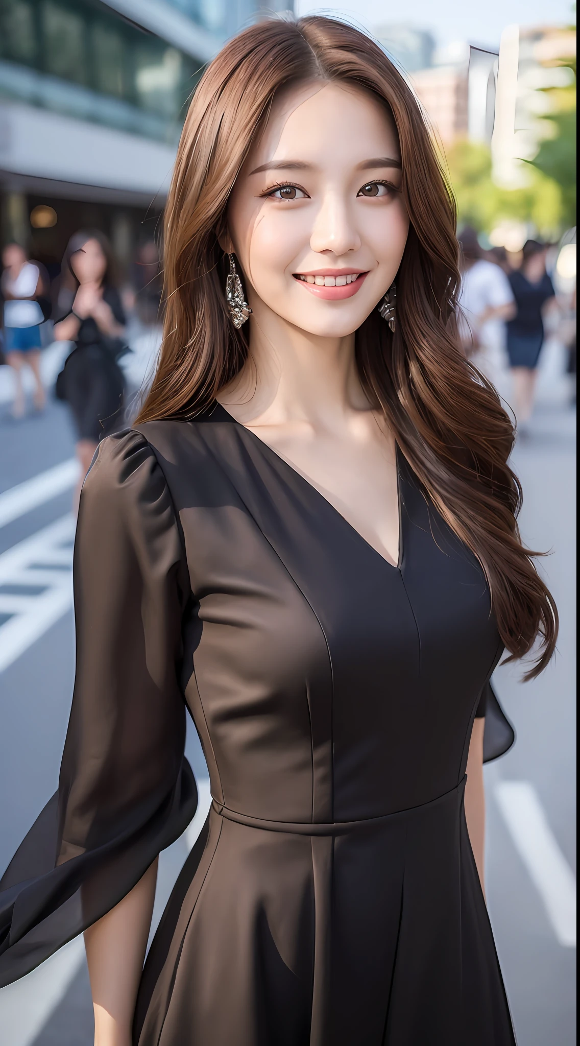 ((Best quality, 8k, Masterpiece :1.3)), 1girl, smiling, full body, slim face, Pretty woman, (Dark brown hair), full length dress :1.1, Ultra-detailed face, Detailed eyes, Double eyelid,  blur background, slim face, city, outside, street,