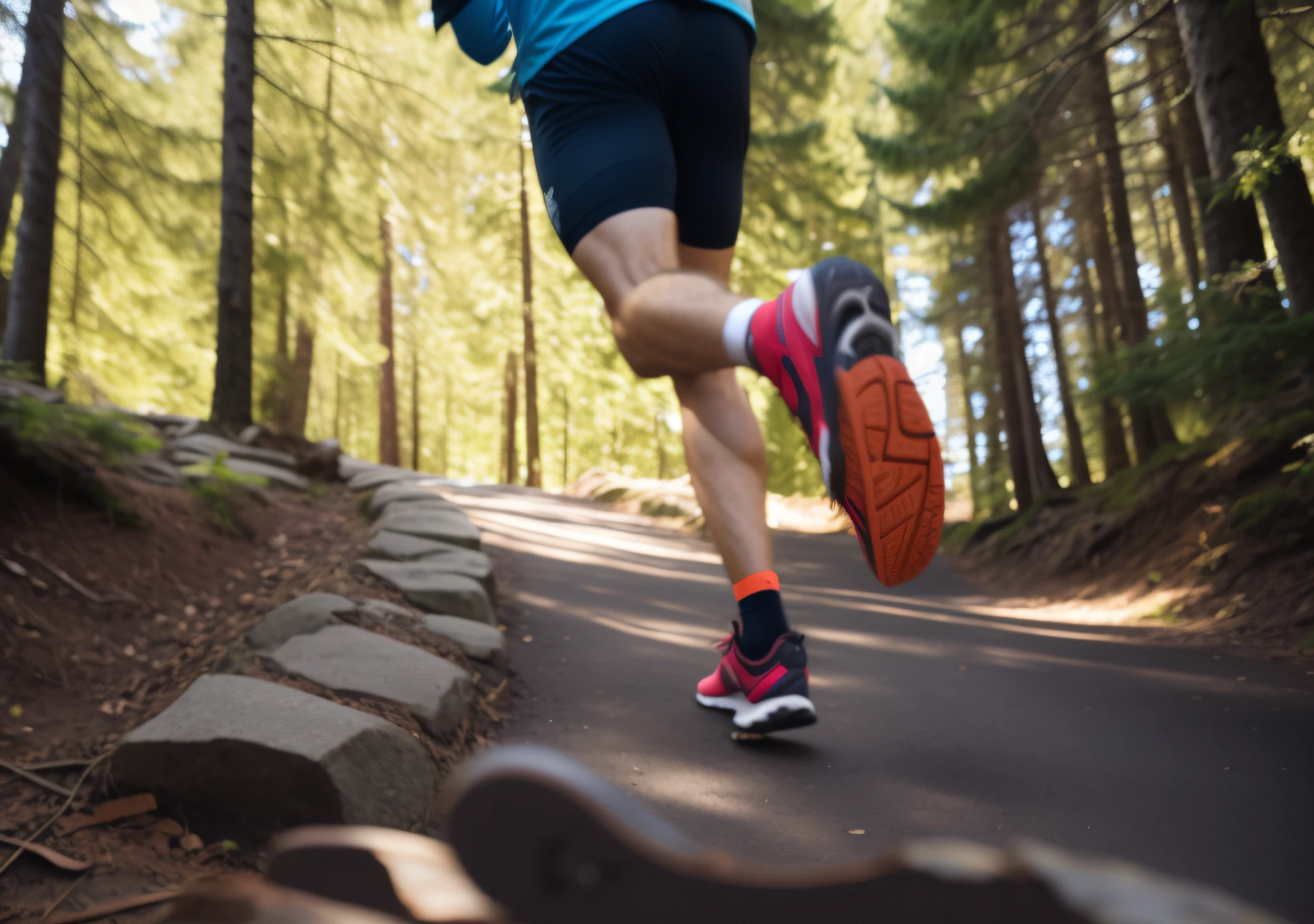 À la Fed view of a person running on a path in the forest, running up that hill, Shutterstock, running free, running shoes, running away from a man on the forest, running sequence, perfect for adobe stock, time to climb a mountain road, istock, detailed environment, people running in fear, mid shot in photo, dynamic low angle shot, dashing person, Reduce the number of trees in the background, make the sky cloudless and blue, blur the background so you know you're running fast, don't blur your shoes