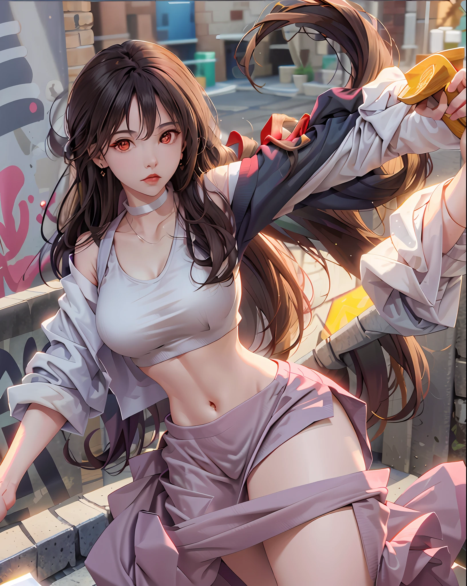 (masterpiece, best quality, 1girl, solo, intricate details, chromatic aberration), realistic,Tifa Lockhart, ((medium breath)),long hair, black hair, hair over one eye,red eyes, earrings, sharp eyes, choker, open jacket, crop top,open waist,(perfect symmetrical body),against wall, brick wall, graffiti, dim lighting, alley ,look at viewer,