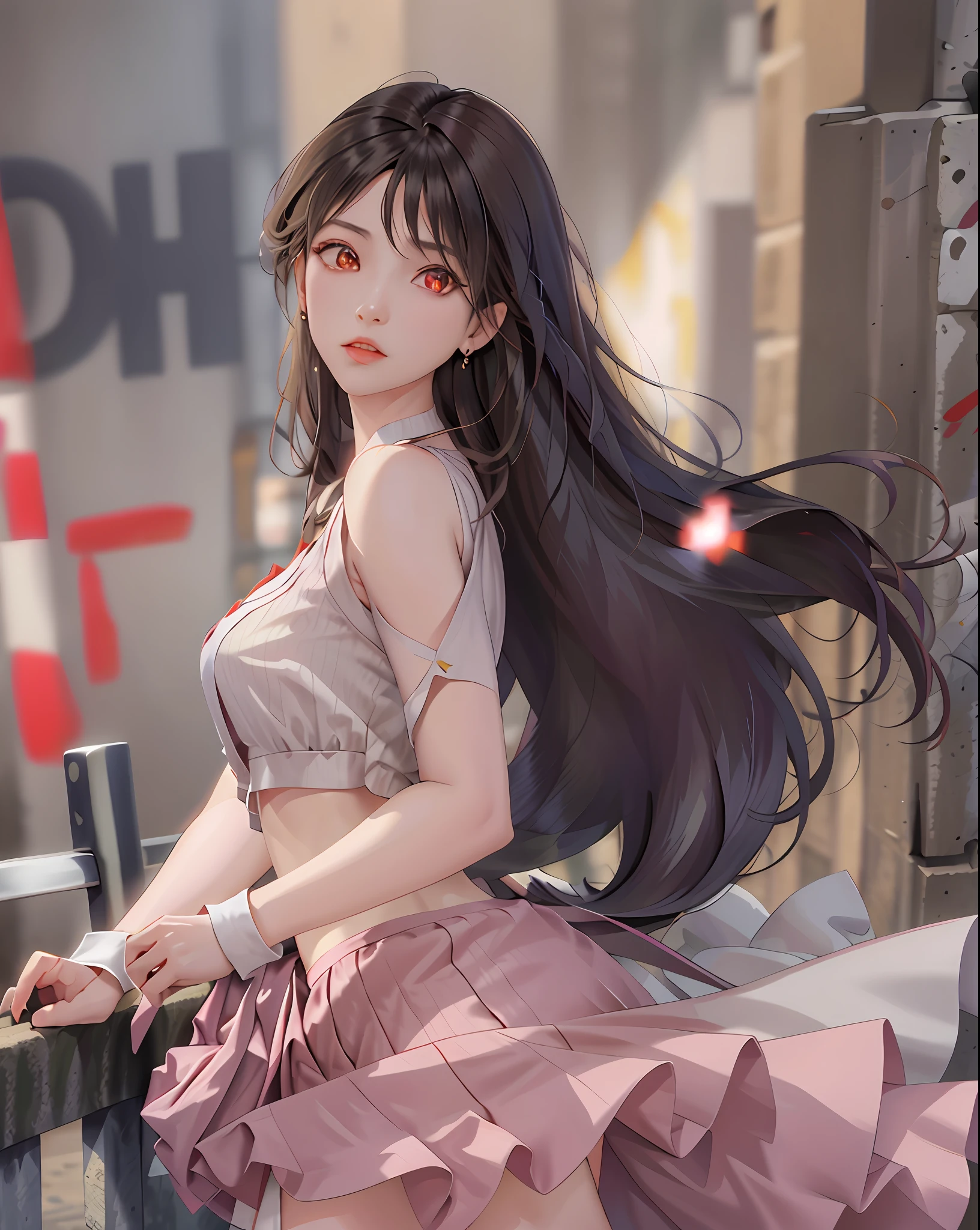 (masterpiece, best quality, 1girl, solo, intricate details, chromatic aberration), realistic,Tifa Lockhart, ((medium breath)),long hair, black hair, hair over one eye,red eyes, earrings, sharp eyes, choker, open jacket, crop top,open waist,(perfect symmetrical body),against wall, brick wall, graffiti, dim lighting, alley ,look at viewer,