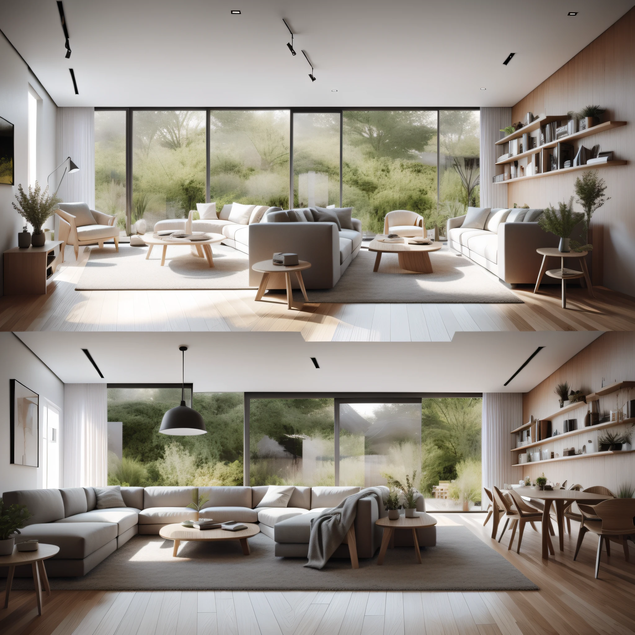 Highly detailed wide-angle architectural photography, presenting a comfortable modern living room, bright and warm (1:0.1), highlighting contemporary interior design, highlighting natural architectural landscapes, depicting tables, chairs, interiors, wooden floors, windows, dining rooms, sliding doors, lamps, forests, plants and other elements, focusing on interesting light and shadow and depth of field, creating a visual feast in low light.