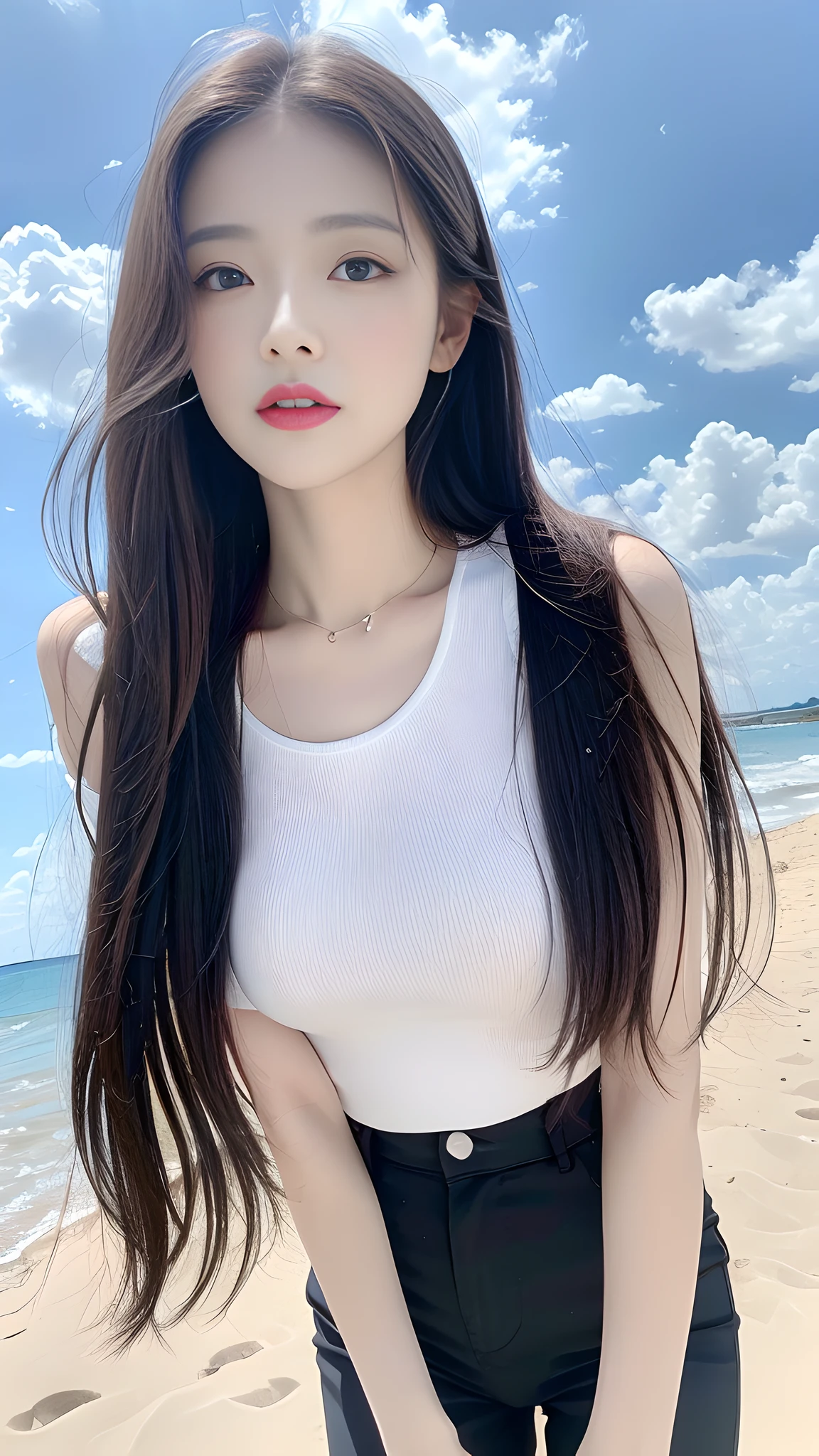 ((Best Quality, 8K, Masterpiece: 1.3)), A beautiful girl, pure, melon face, gentle and cute, thin figure, (frontal), (tilted head), looking directly at the camera, leaning forward, white T-shirt, high-waisted straight-leg wide-leg trousers, black silky long straight hair, long hair flowing over the shoulders, round black big eyes, clear big eyes, moist red lips, sweet, standing, blue sky and white clouds, sunshine, beach background,