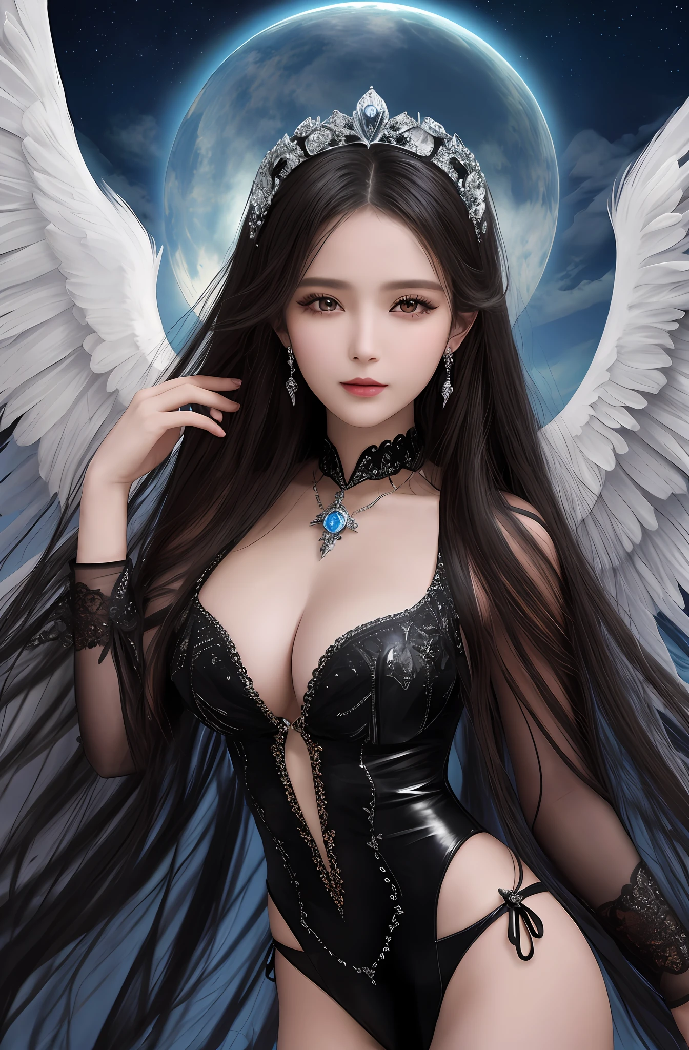 (16k, masterpiece, best quality), ultra-detailed, detailed beautiful round eyes, beautifully detailed face, high quality, high resolution, perfect anatomy, (a female black angel flew down from the sky), flying, goddess of heaven, straight hair, goddess, an charming face, sky background, dark ring over head, big breast, mature women, dynamic pose, looking into the distance, black angel wings, fallen angel