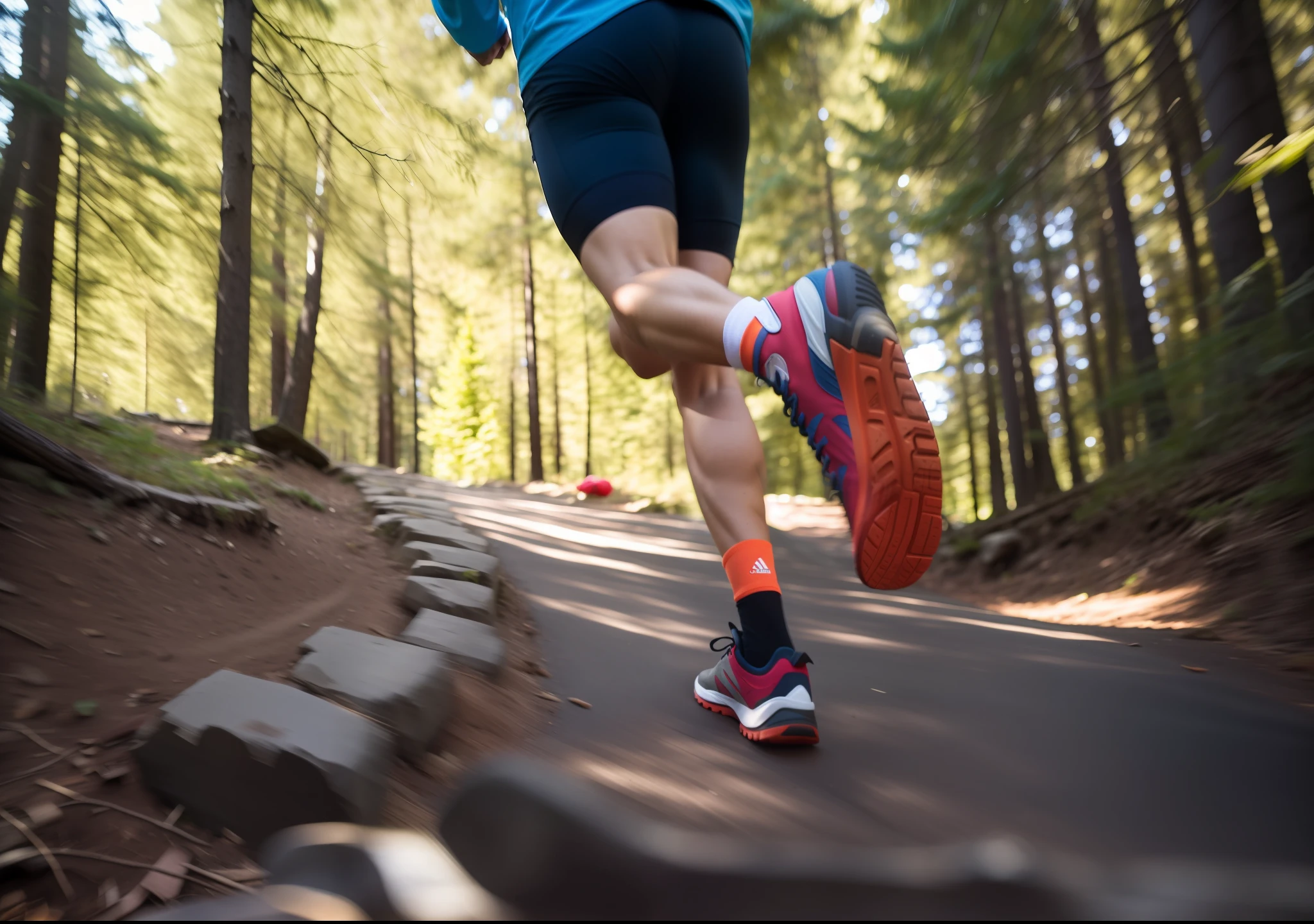À la Fed view of a person running on a path in the forest, running up that hill, Shutterstock, running free, running shoes, running away from a man on the forest, running sequence, perfect for adobe stock, time to climb a mountain road, istock, detailed environment, people running in fear, mid shot in photo, dynamic low angle shot, dashing person, Reduce the number of trees in the background, make the sky cloudless and blue, blur the background so you know you're running fast, don't blur your shoes