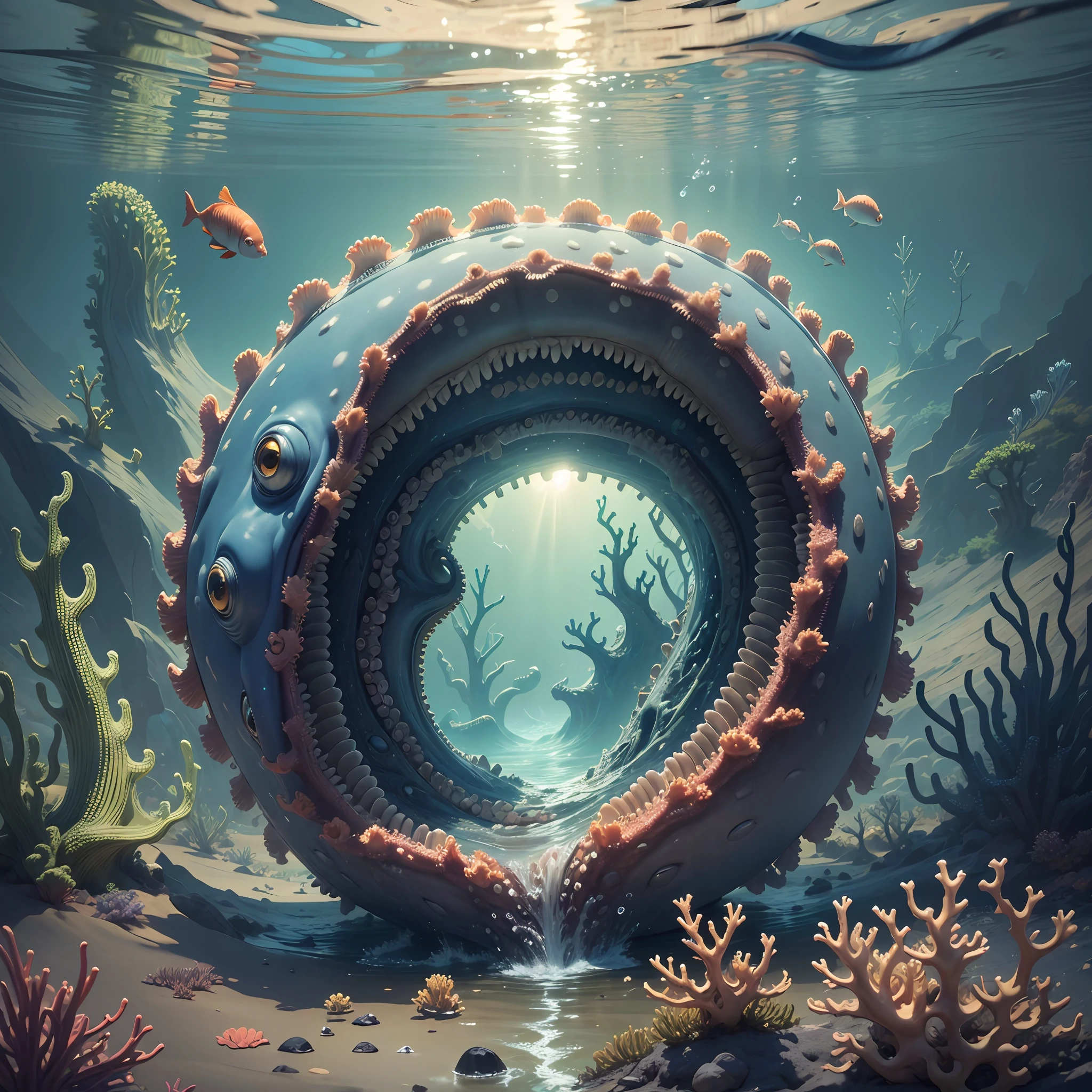 ((masterpiece)),(super detailed),(8k), octopus-shaped sea monster,canine teeth, seabed, fish around,coral algae, perfect anatomy, scale details, ultra detailed scenery, perfect lighting, realistic, surrealistic, Canon 8k,midjourney style, Image center,LoRa style, --auto --s2
