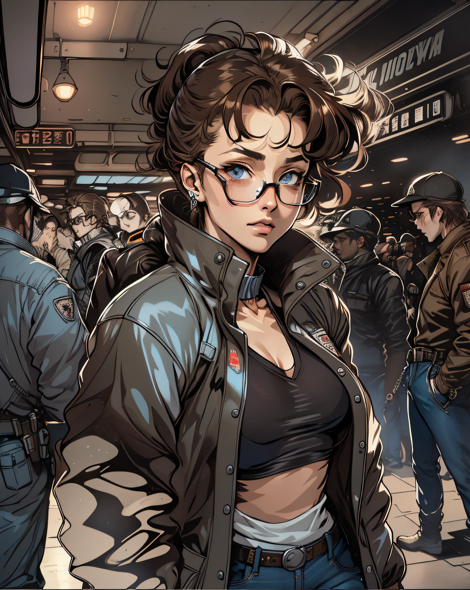 masterpiece,best quality,1girl,solo,medium breasts,((album cover)), light on face,slim body,exoskeleton, metal gear,cyberpunk style,ponytail,brown hair, blue eyes, pants, jeans, denim, bottle, jewelry, breasts, holding, white jacket, bag,