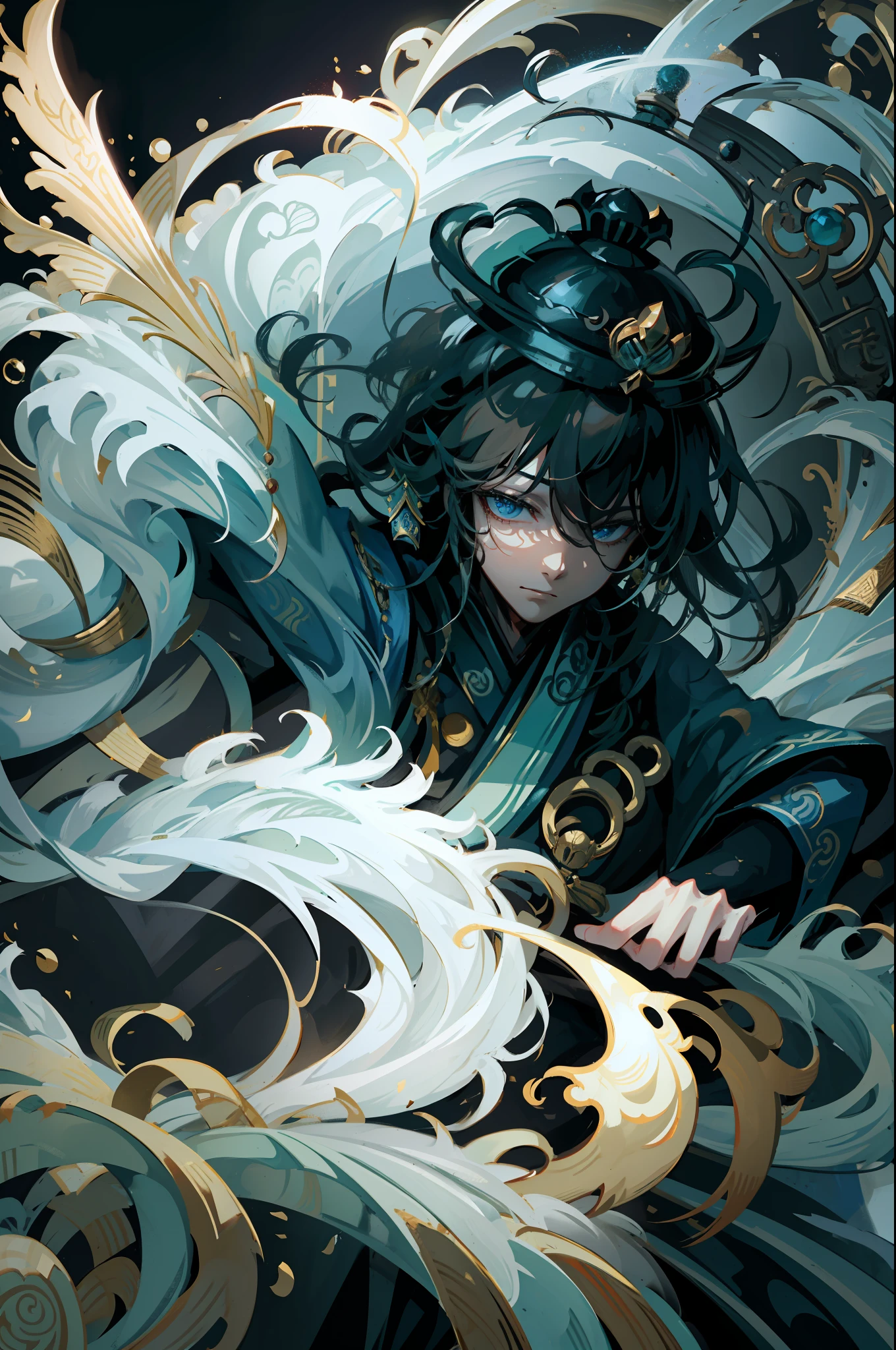 Emperor, Emperor of China, king's crown with tassels, long sleeves, portrait, solo, Chinese dragon pattern, youngster, Chinese style clothes, Magnificent palace, Hanfu, Hanfu in black and gold color, high contrast, The figure is in the shadows, Wide-Angle, high quality, anatomically correct