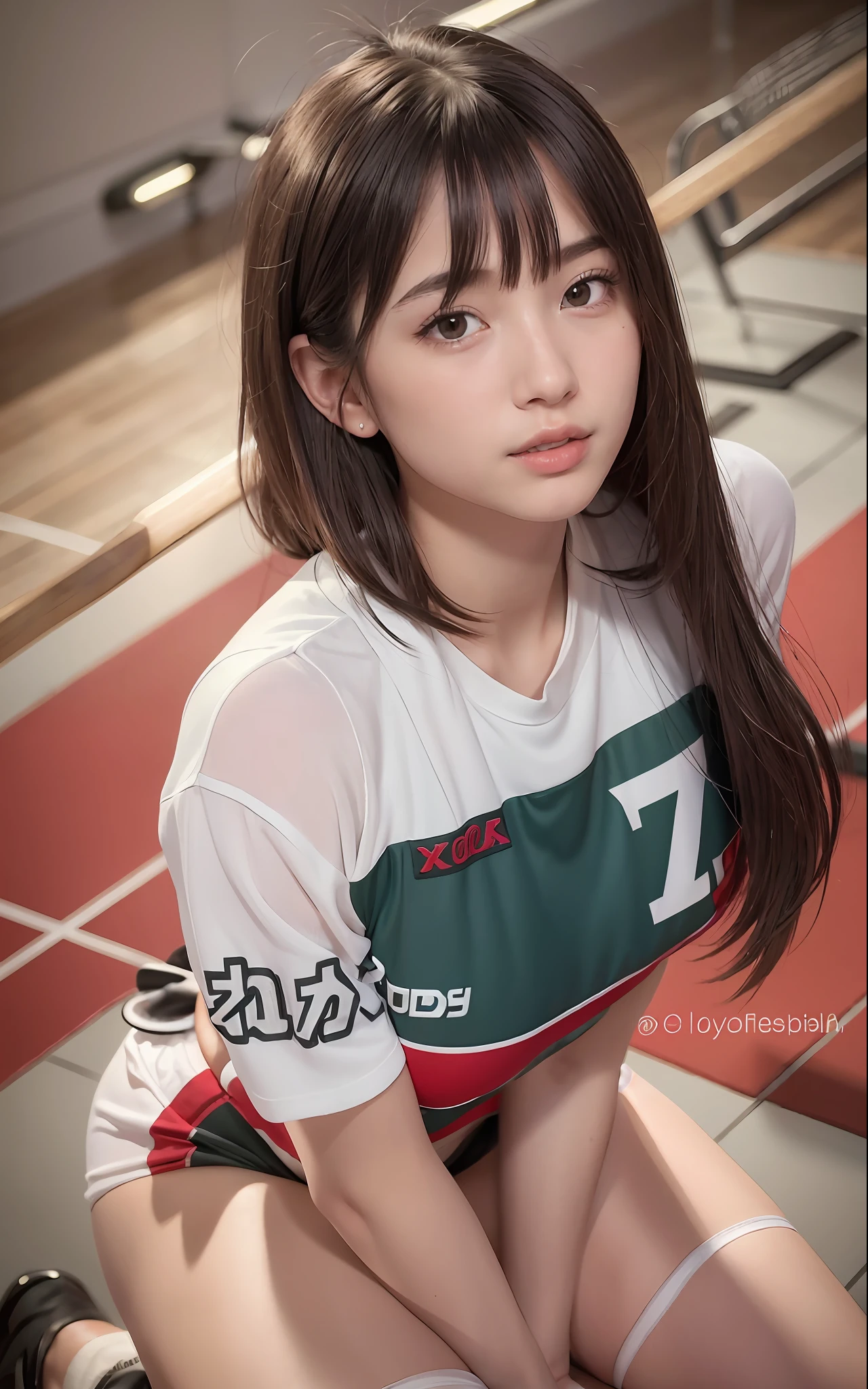 (8K, Best Quality, Masterpiece: 1.2), (Realistic, Photorealistic: 1.37), Super Detail, 1 Girl, 20 years old, Big, Beauty, Cute, Smile, Solo, (Redness of the Nose), (Smile: 1.15), (Mouth Closed), Volleyball, Uniform, Big Ass Peeling, Beautiful Eyes, Gymnasium, Ballet Ball Court, (Long Hair: 1.2), Floating hair Novafrog style, upper body