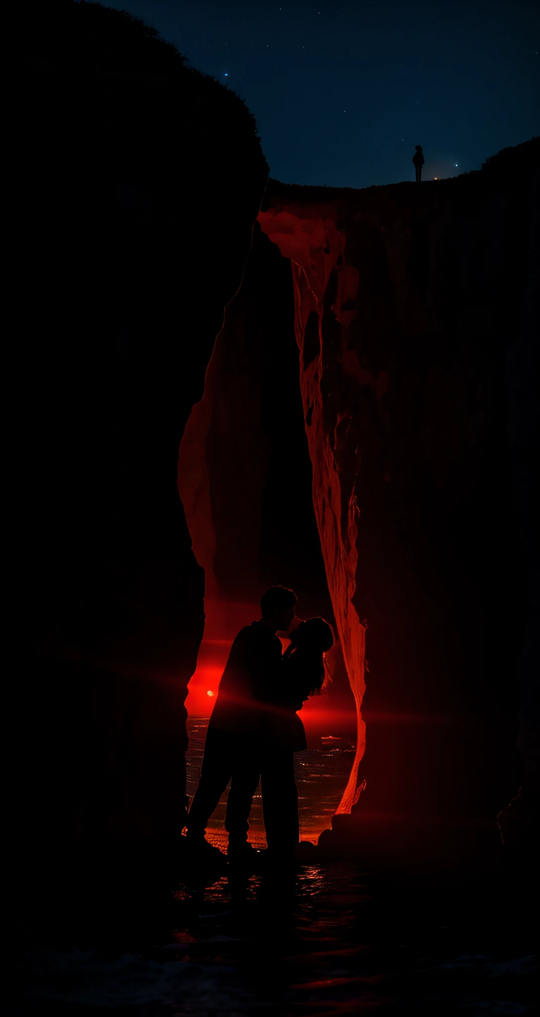 there is a man and woman standing in a cave by the ocean, standing in a grotto, cliffside, on a cliff, in a cave, unique silhouettes, silhouetted, dramatic”, dramatic ”, looking into a mysterious cave, couple kissing, romantic couple, romantic!!!, silhouette!!!, silhouette :7, epic romance, black silhouette, silhuette --auto --s2