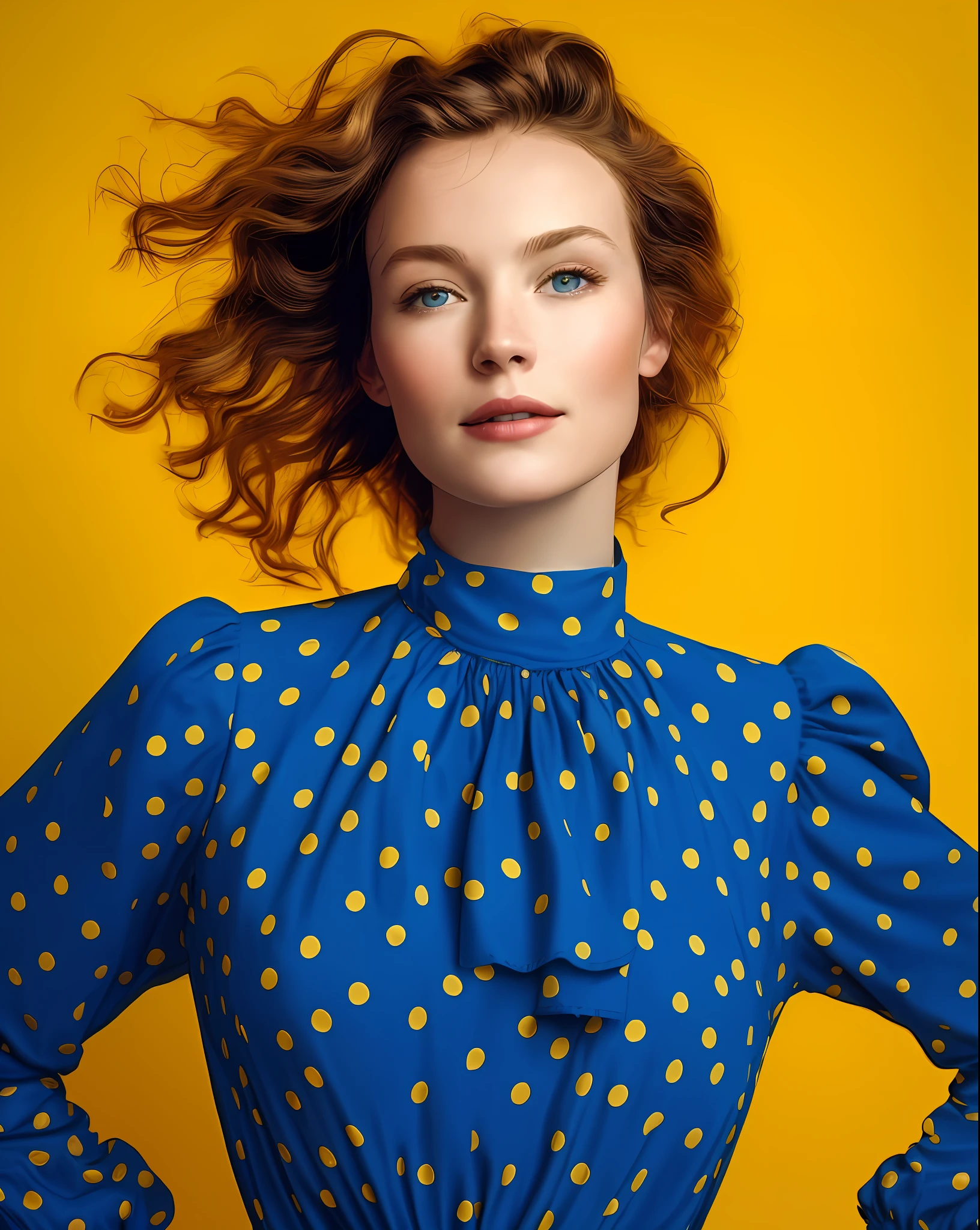 🎨 DETAILED PROMPT 👇
A meticulously detailed photograph of a European-type, fair-skinned top model, adorned in a playful blue dress with yellow polka dots, smiling radiantly while standing against a whimsical yellow background with blue polka dots. The moment is frozen during a bright afternoon using a high-quality mirrorless camera set for high color fidelity, bathed in the soft, even lighting from a large window diffused by sheer curtains.