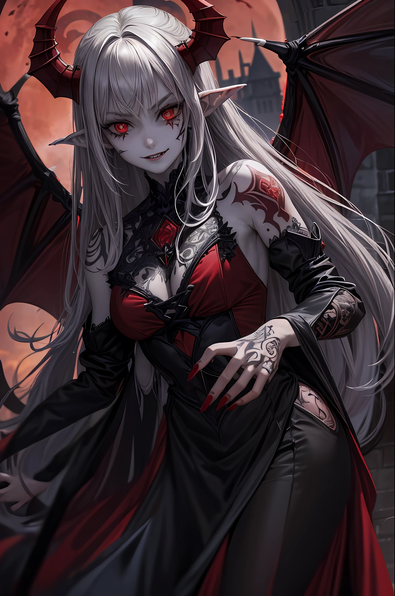 (Masterpiece: 1.2, best quality), (best lighting, very delicate and beautiful), (best lighting, very delicate and beautiful), (beautiful detailed face), (detailed eyes and detailed face: 1.2), dark fantasy, (young girl, little beast, 1girl, solo, crazy smile, pale skin, ((big tattoo with all over the body)), gray hair, red glowing eyes, dynamic angle, vampire), ( Get a vampire castle in the background), (red moon, red sky), pointy_ears, fangs, demon wings, demon horns, blood on face, blood rain, blood mist, (depth of field), high contrast, (blood splash: 1.4), cowboy shot, full body,