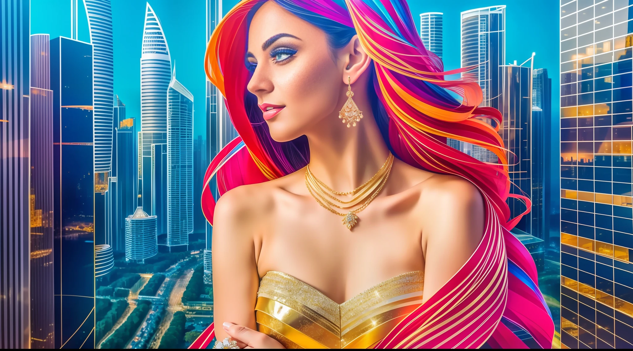 "I would like an image of a man who is financially independent and free, 8K in quality, finished like a photo, with skyscrapers in the background, facing right. She uses colors that symbolize success, a dream-like world, the time is night, and she is dressed casually. Spending time in paradise with elegance. The overall composition is the golden ratio, and the delicate parts such as the hands should be reproduced beautifully without distortion." Thanks for your performance.