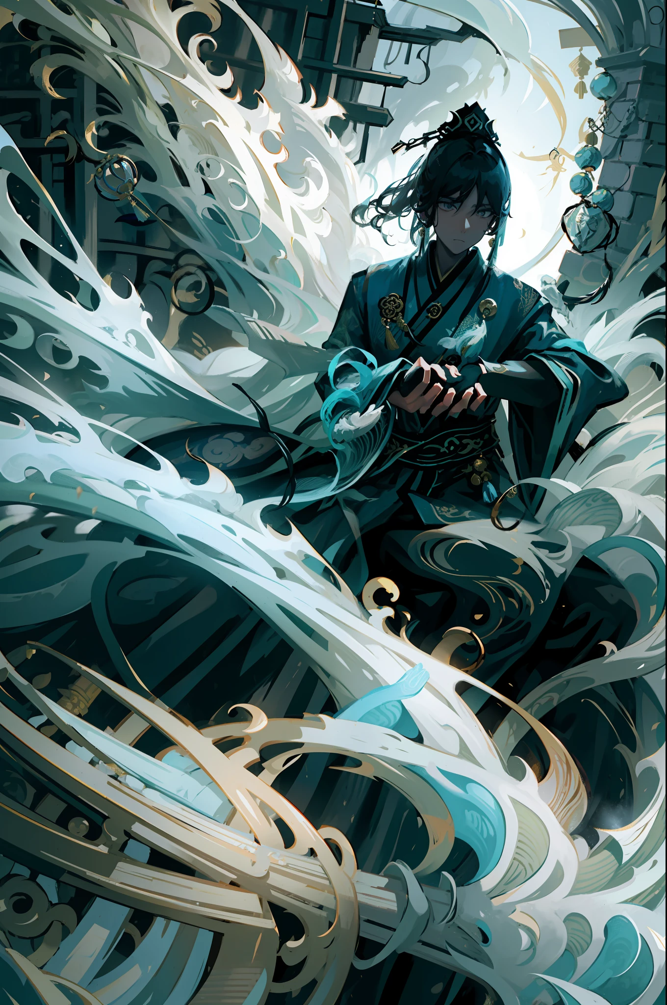 Emperor, Emperor of China, king's crown with tassels, long sleeves, portrait, solo, Chinese dragon pattern, youngster, Chinese style clothes, Magnificent palace, Hanfu, Hanfu in black and gold color, high contrast, The figure is in the shadows, Wide-Angle, high quality, anatomically correct