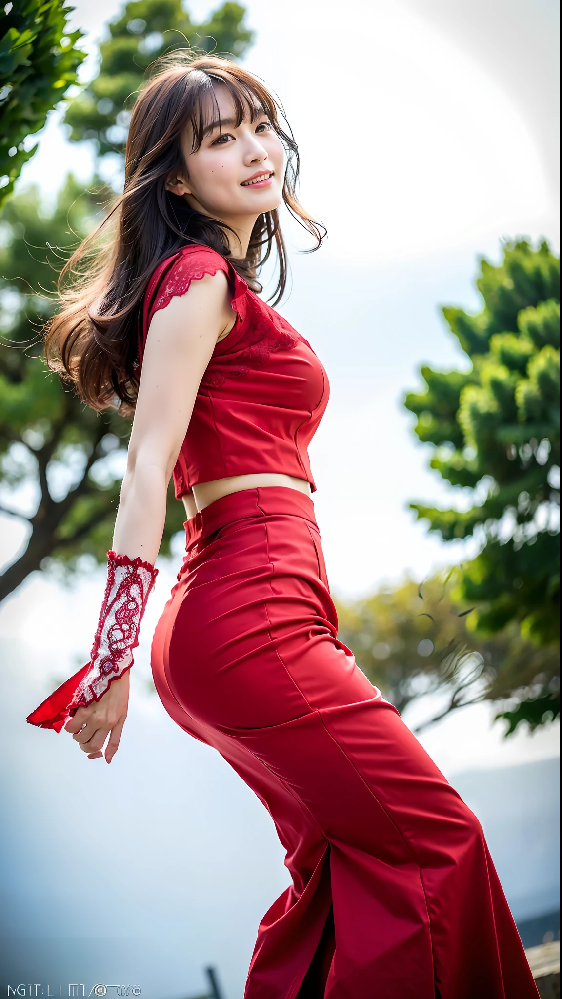 (Best quality, 8k, 32k, Masterpiece, UHD:1.2),Photo of Pretty Japanese woman,detailed face,sad smile, red dress,(long skirt:1.2),(wind lift:1.5), white lace panties,from below,lookig down,pov,windy,outdoors