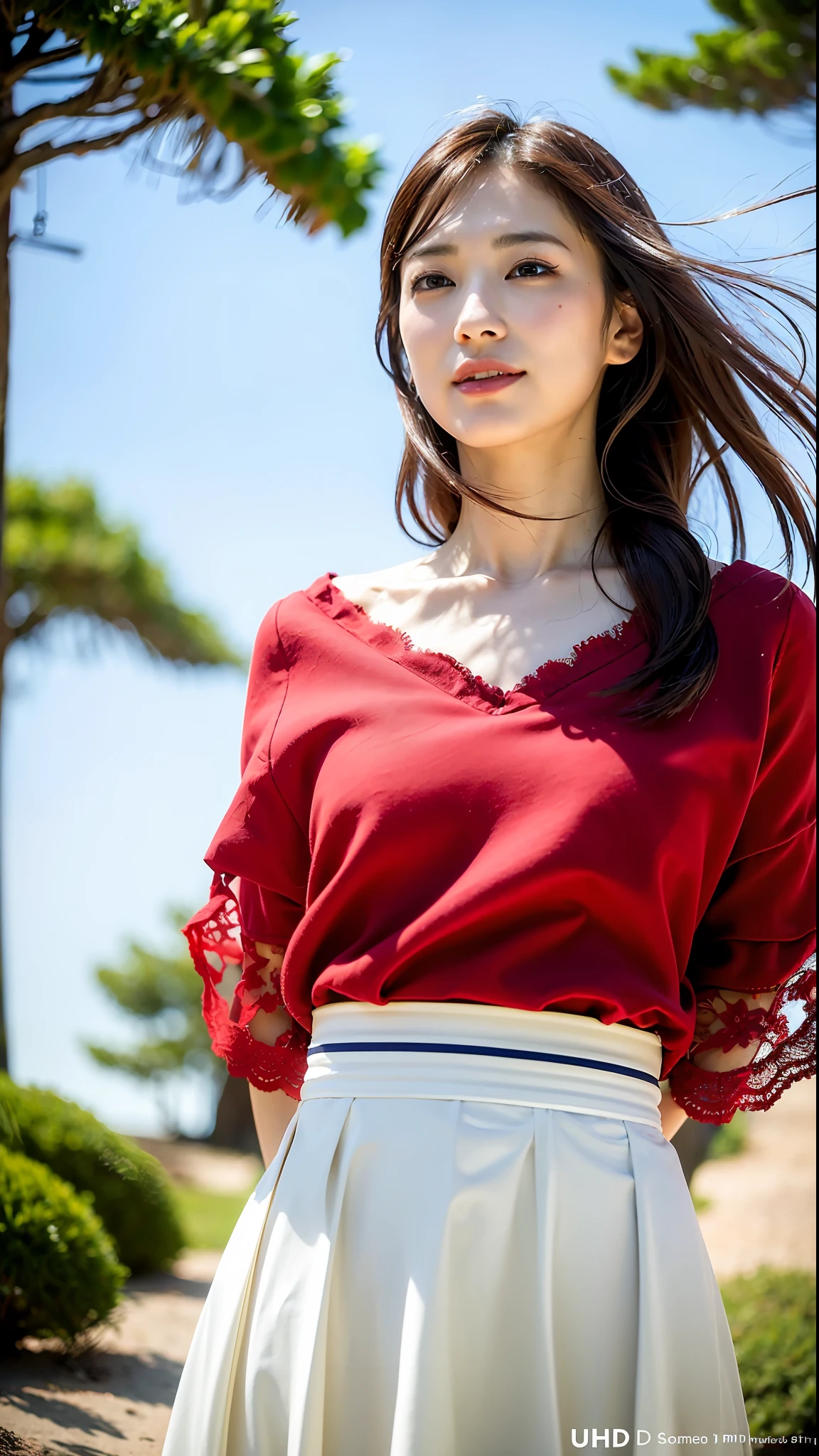 (Best quality, 8k, 32k, Masterpiece, UHD:1.2),Photo of Pretty Japanese woman,detailed face,sad smile, red dress,(long skirt:1.2),(wind lift:1.5), white lace panties,from below,lookig down,pov,windy,outdoors
